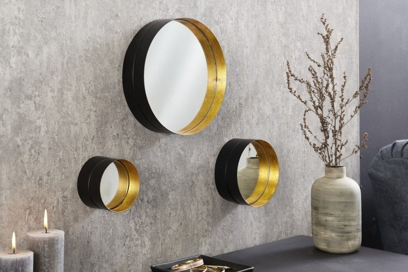 Elegante set van 3 spiegels VARIATION 25cm zwart goud brede lijst - 41757