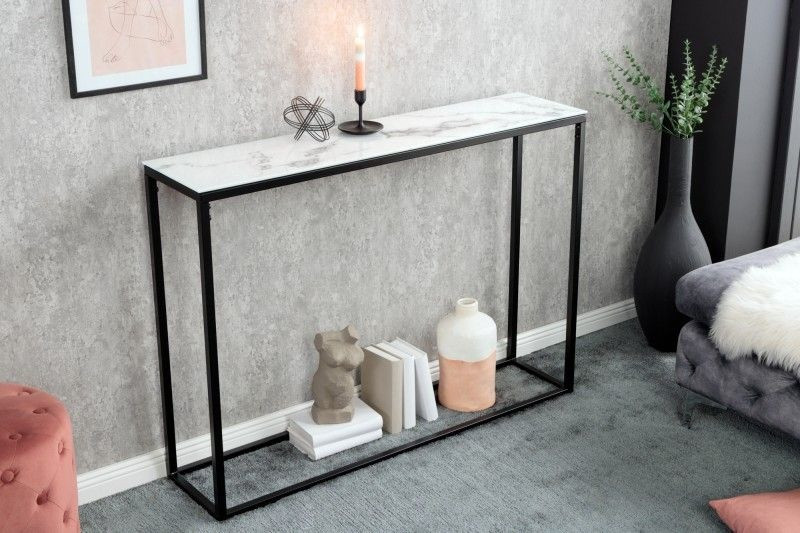 Elegante consoletafel BOUTIQUE 110 cm wit kristalglas met marmeren decor zwart frame - 42170