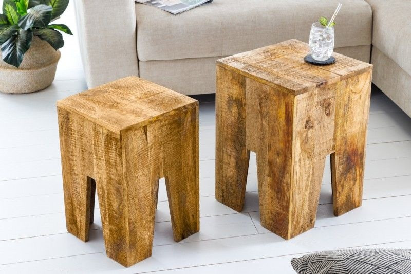 Design bijzettafel set van 2 JUNGLE 35cm natuurlijke mango massief houten salontafel handgemaakt - 42576