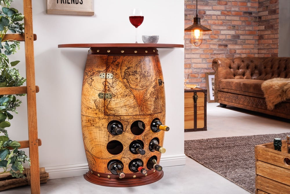 Massief wijnrek SEVEN SEAS 80cm natuurlijk grenenhout wereldkaart wijnvat barkast - 42581