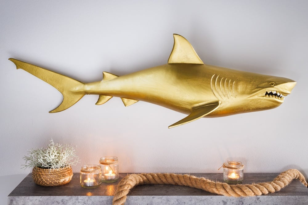 Maritieme wanddecoratie HAI 105cm goud rechts metalen handgemaakt haai design sculptuur - 43046