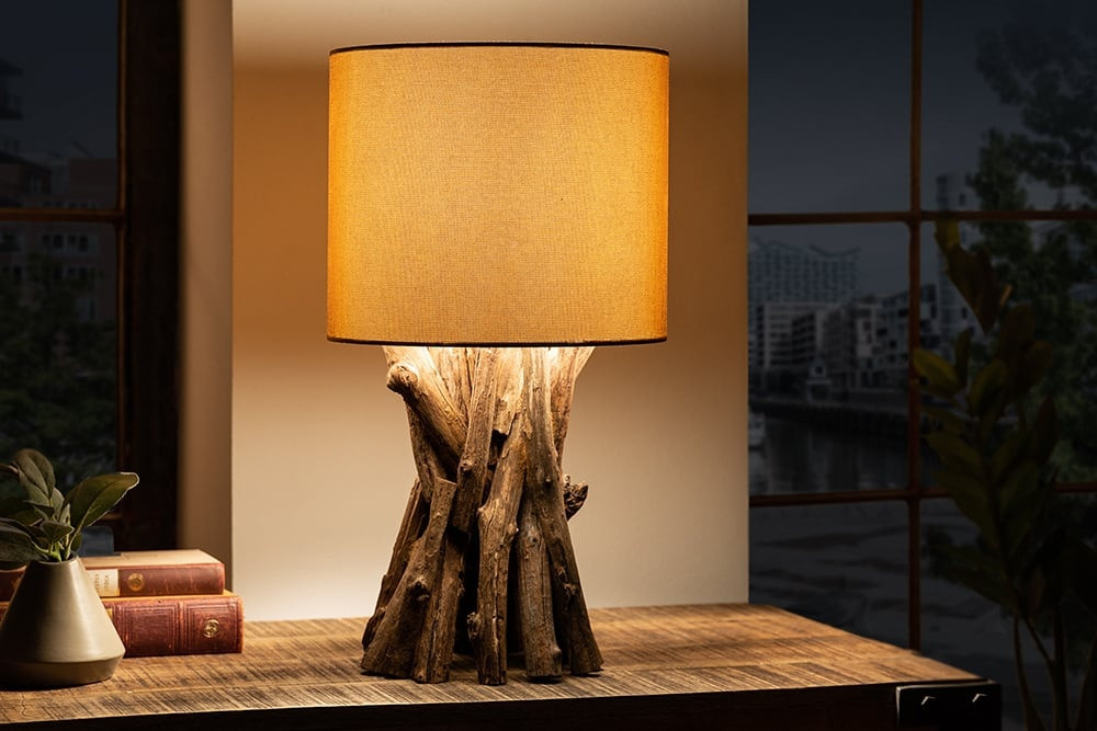 Massief houten tafellamp HARMONY NATURE 50cm beige teakhout met linnen kap - 41385