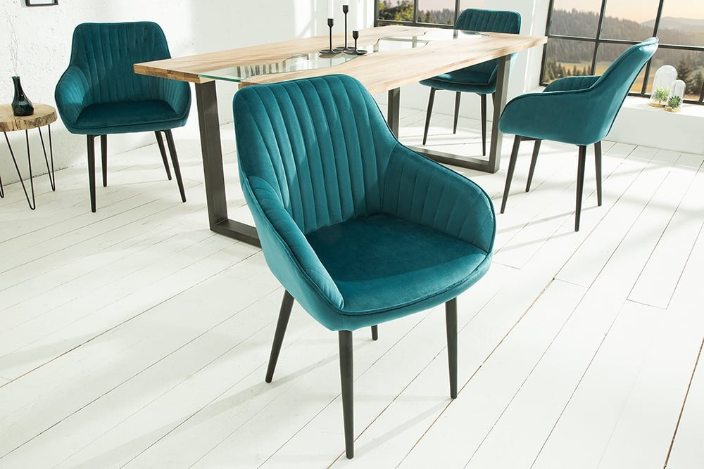 Elegante armleuningstoel TURIJN turquoise fluweel met decoratieve stiksels - 38788