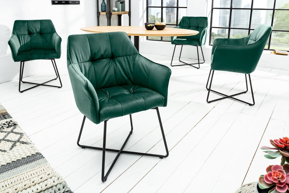 Exclusief design stoel LOFT fluweelgroen met armleuning metalen frame mat zwart - 41661