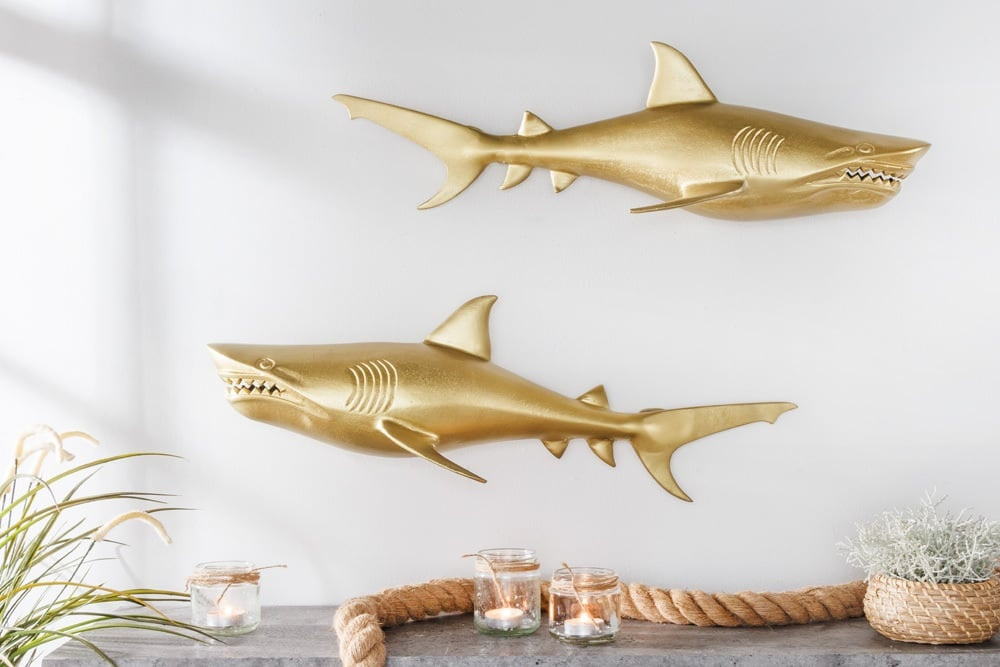 Maritieme set van 2 wanddecoratie HAIE 68cm goud metalen handgemaakte haai design sculptuur - 42984