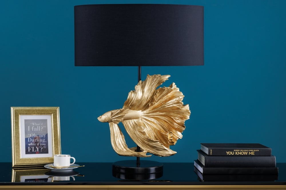 Design tafellamp CROWNTAIL 65cm zwart goud stoffen kap marmeren voet - 43170