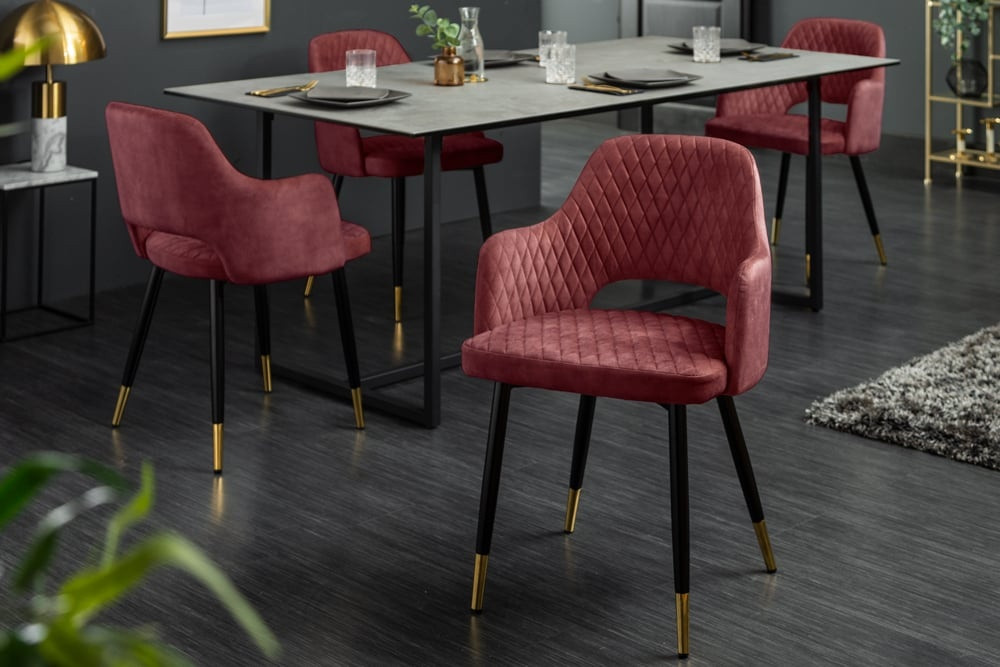 Elegante stoel PARIS rood fluweel decoratief gewatteerd voetdoppen goud retro design met armleuningen - 42291