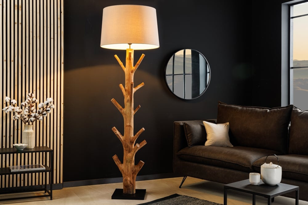 Design vloerlamp TREE NATURE 180cm massief hout linnen kap handgemaakt - 43323
