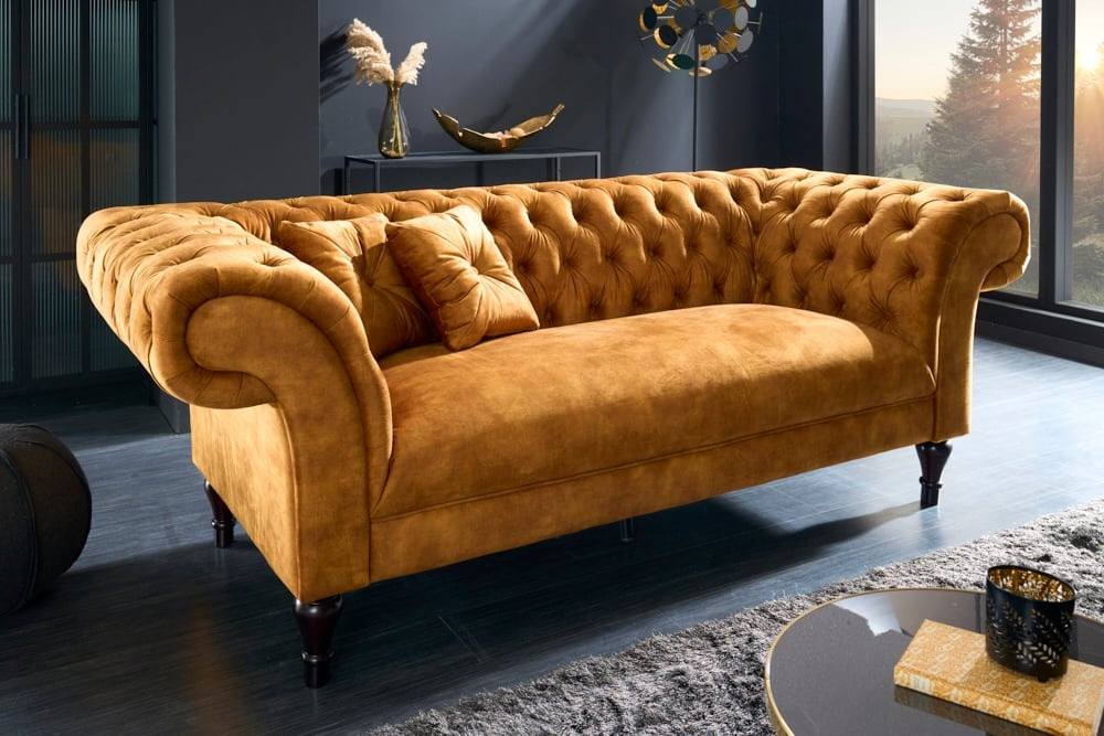 Chesterfield Design 3-zits loungebank PARIS 225cm mosterdgeel fluweel 3-zits inclusief kussens - 41249