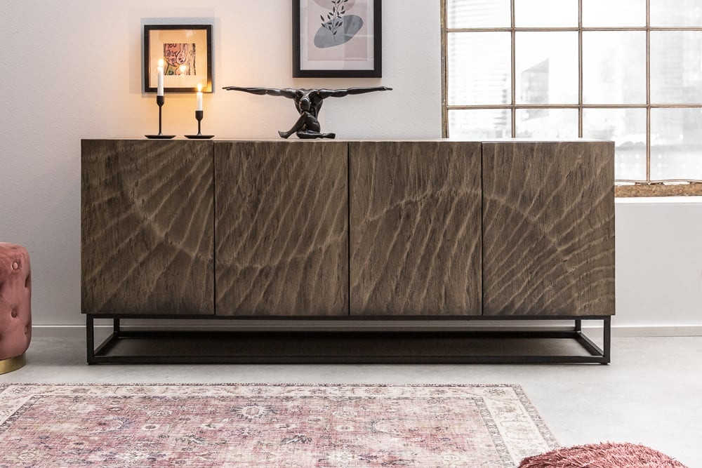 Massief dressoir SCORPION 177cm grijs acacia gedetailleerd 3D-houtsnijwerk - 41570