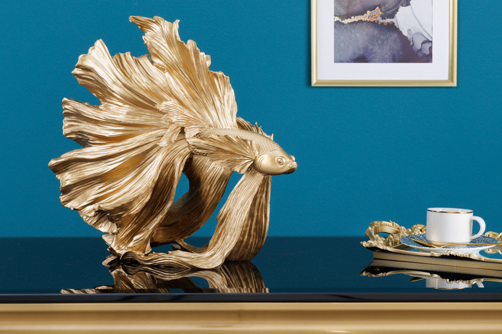 Design decoratief figuur vechtende vis CROWNTAIL 35cm goud Betta vissculptuur - 43172