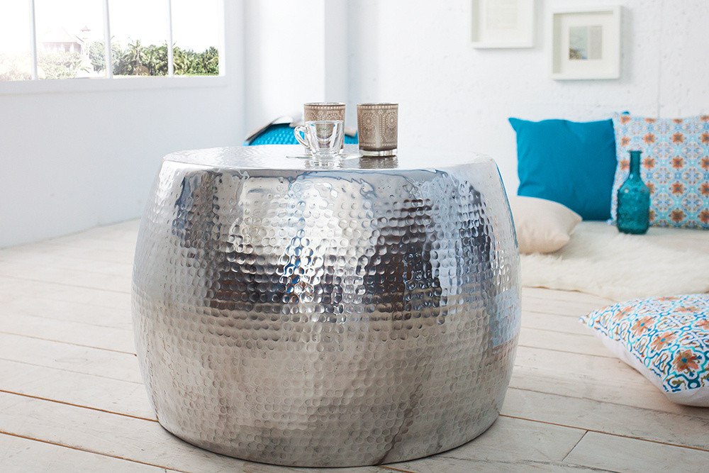Ronde salontafel ORIENT 60cm zilver metaal aluminium gehamerd ontwerp handgemaakt - 36461