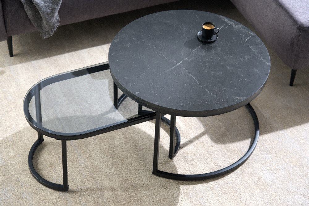 Design salontafel set van 2 ELEGANCE 70cm zwart grijs marmer metalen frame - 43641