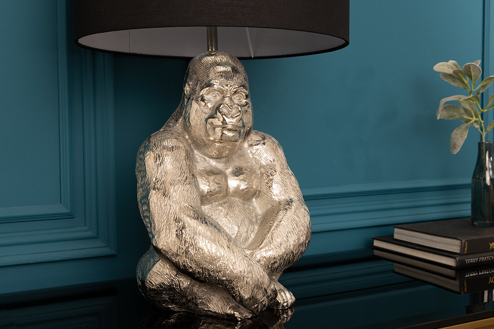 Handgemaakte tafellamp KONG 60cm zilveren metalen aap gorilla decoratieve lamp zwarte lampenkap - 41688