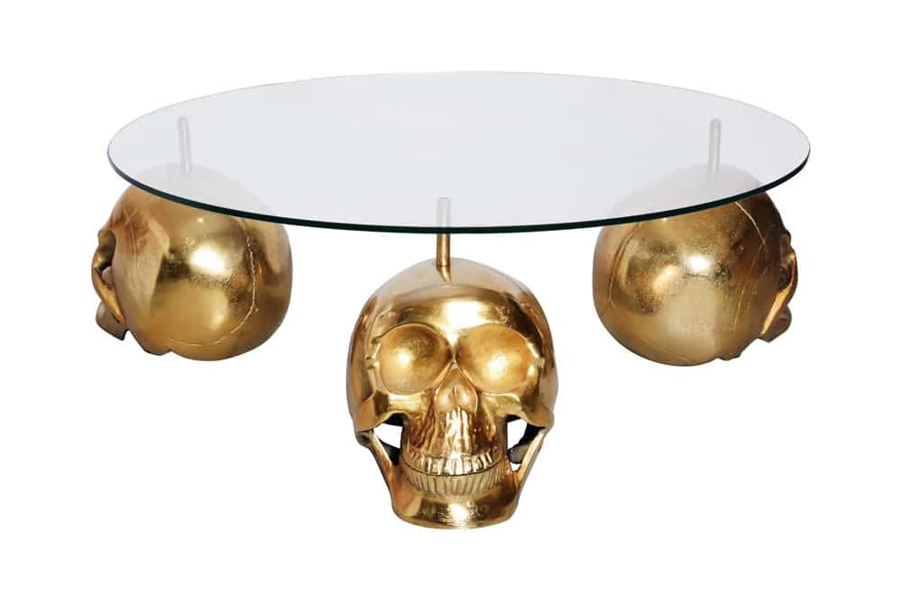 Design salontafel SKULL XXL 90cm goud rond glazen blad metalen schedel handgemaakt - 43496