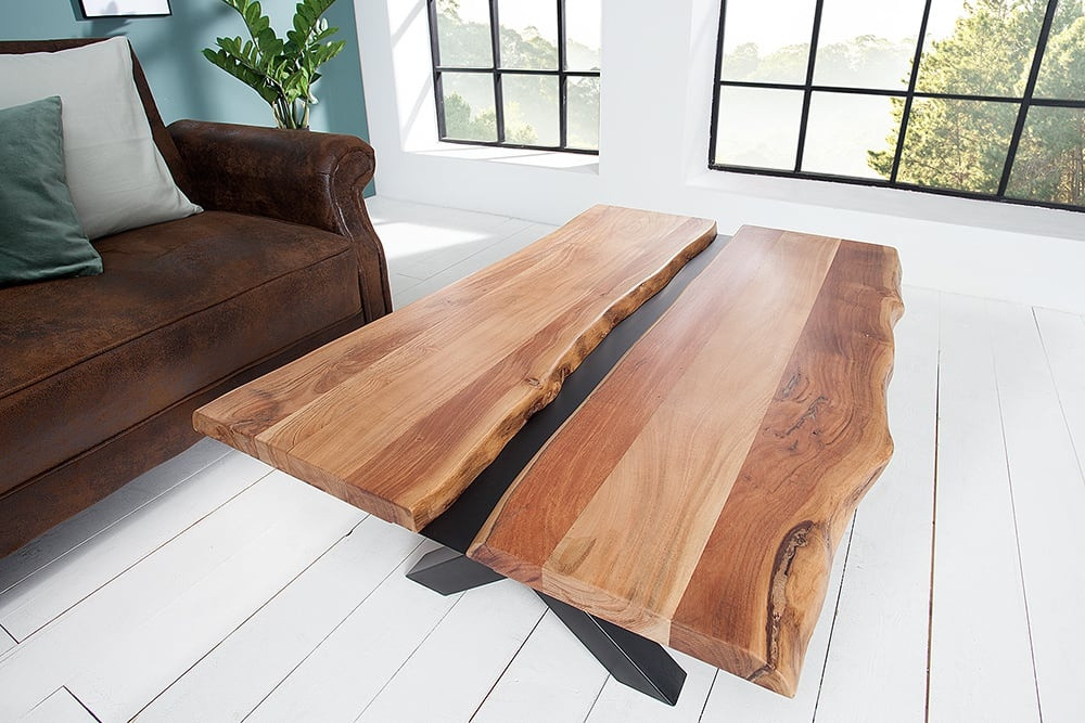 Massief houten salontafel AMAZONAS 105cm acacia zwart metalen X-frame boomrand levende rand - 43712