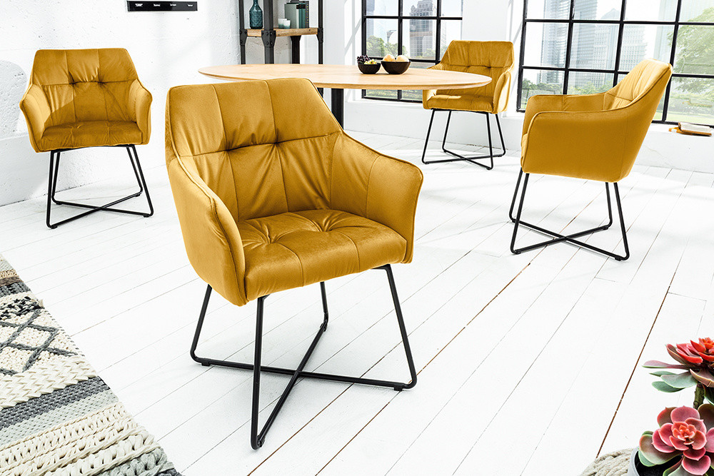 Exclusief design stoel LOFT fluweel mosterdgeel met armleuning - 42474