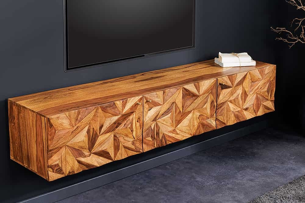 Hangend tv-meubel ALPINE 160cm naturel sheesham massief hout steenafwerking metaal mat goud - 43708