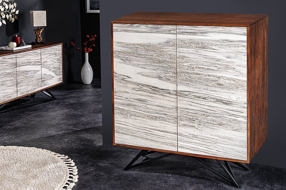 Massief houten dressoir MOUNTAIN SOUL 120cm echte natuursteen witte acacia kast marmer design - 43793