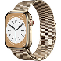 Apple Watch Series 8 45 mm kast van goudkleurig roestvrij staal op goudkleurig Milanees bandje [Wi-Fi + Cellular]