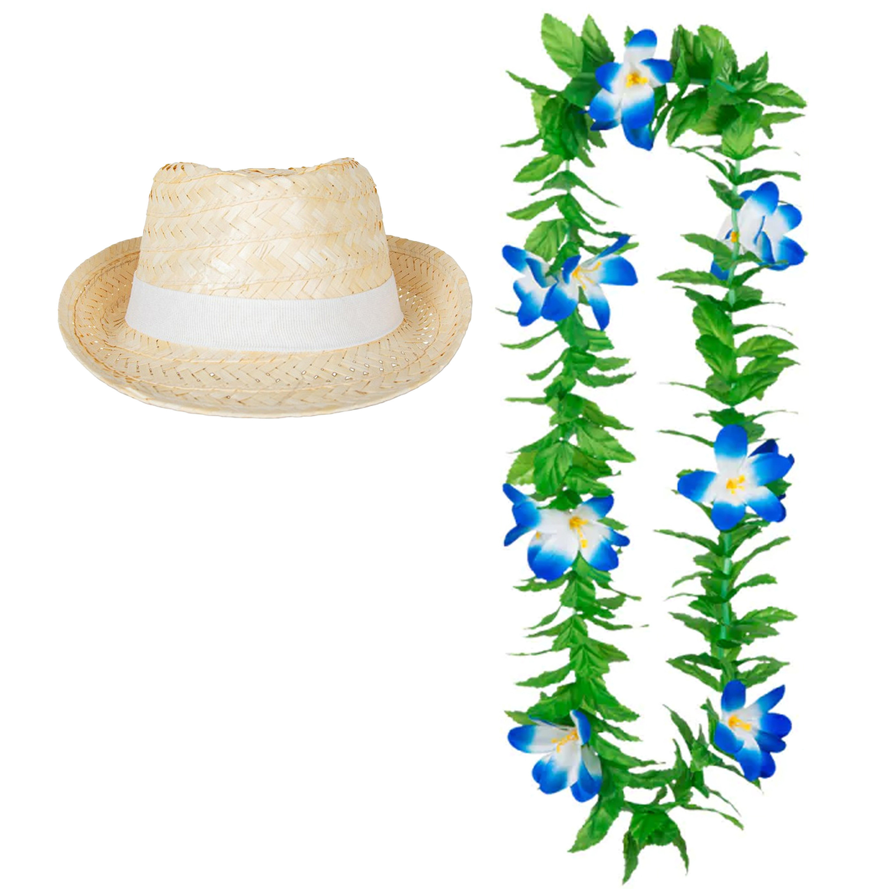 Carnaval verkleed set - Tropische Hawaii party - Ibiza strohoedje - en bloemenkrans groen/blauw