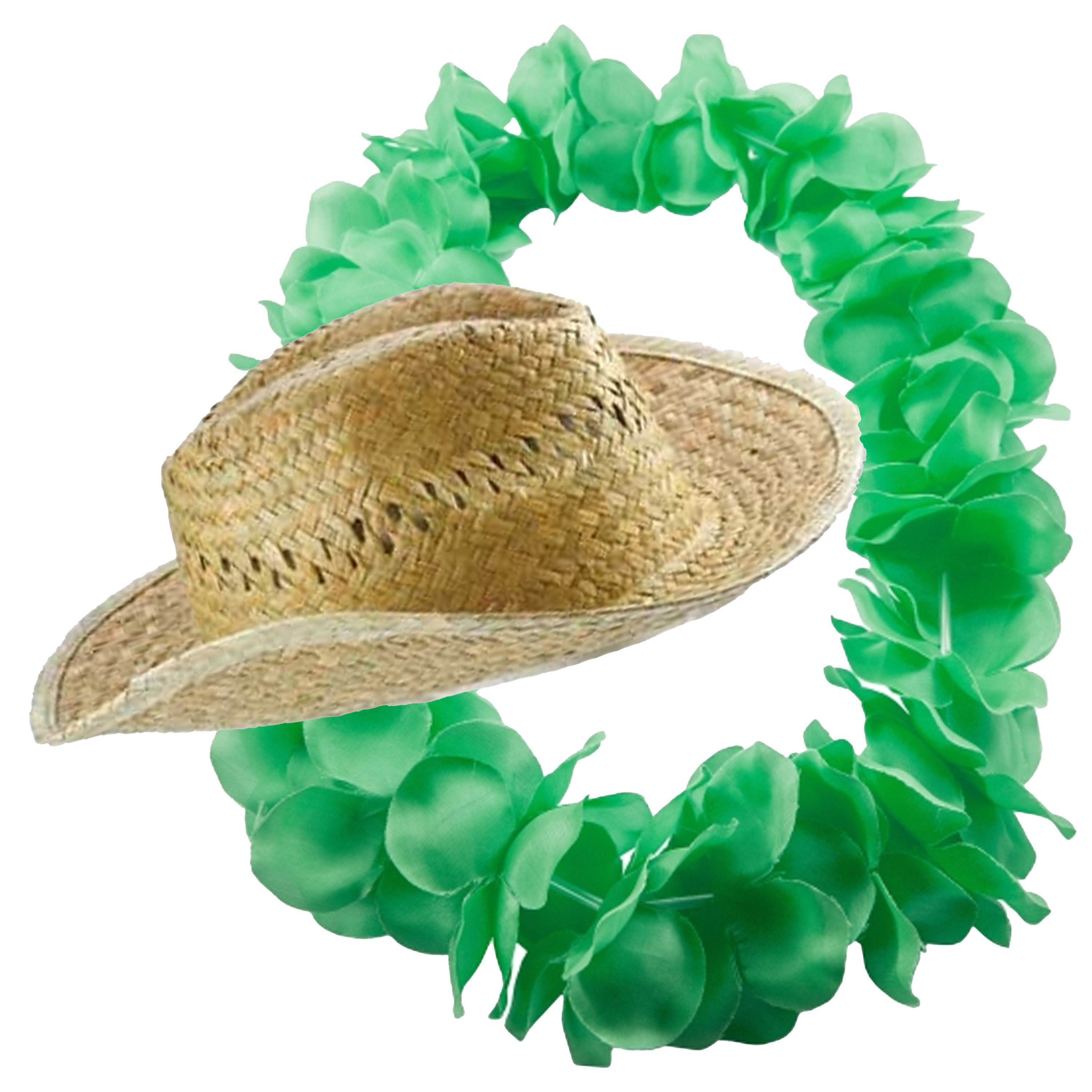 Carnaval verkleed set - Tropische Hawaii party - stro beach hoed - met volle bloemenslinger groen