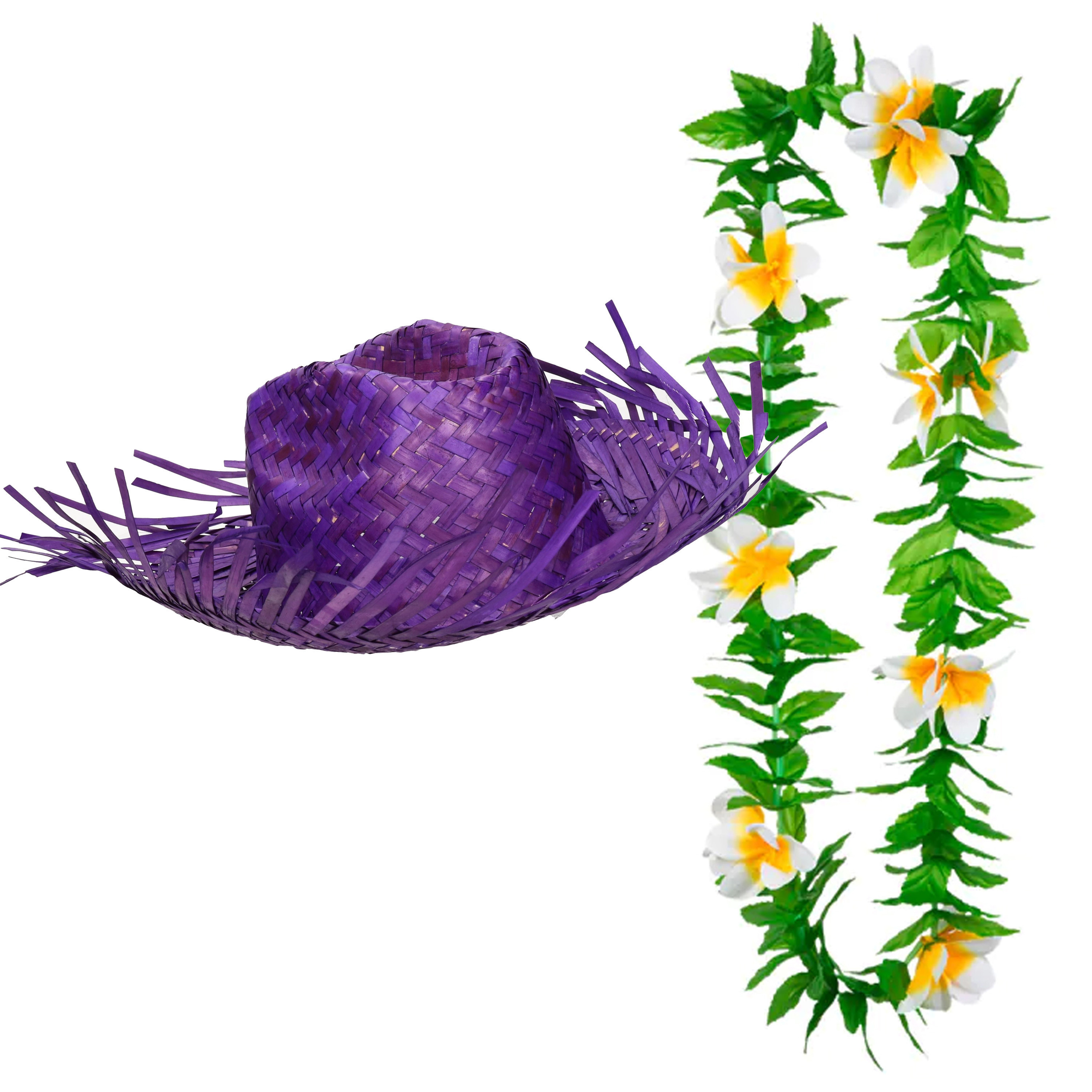 Carnaval verkleed set - Tropische Hawaii party - stro hoed met bloemenslinger - paars