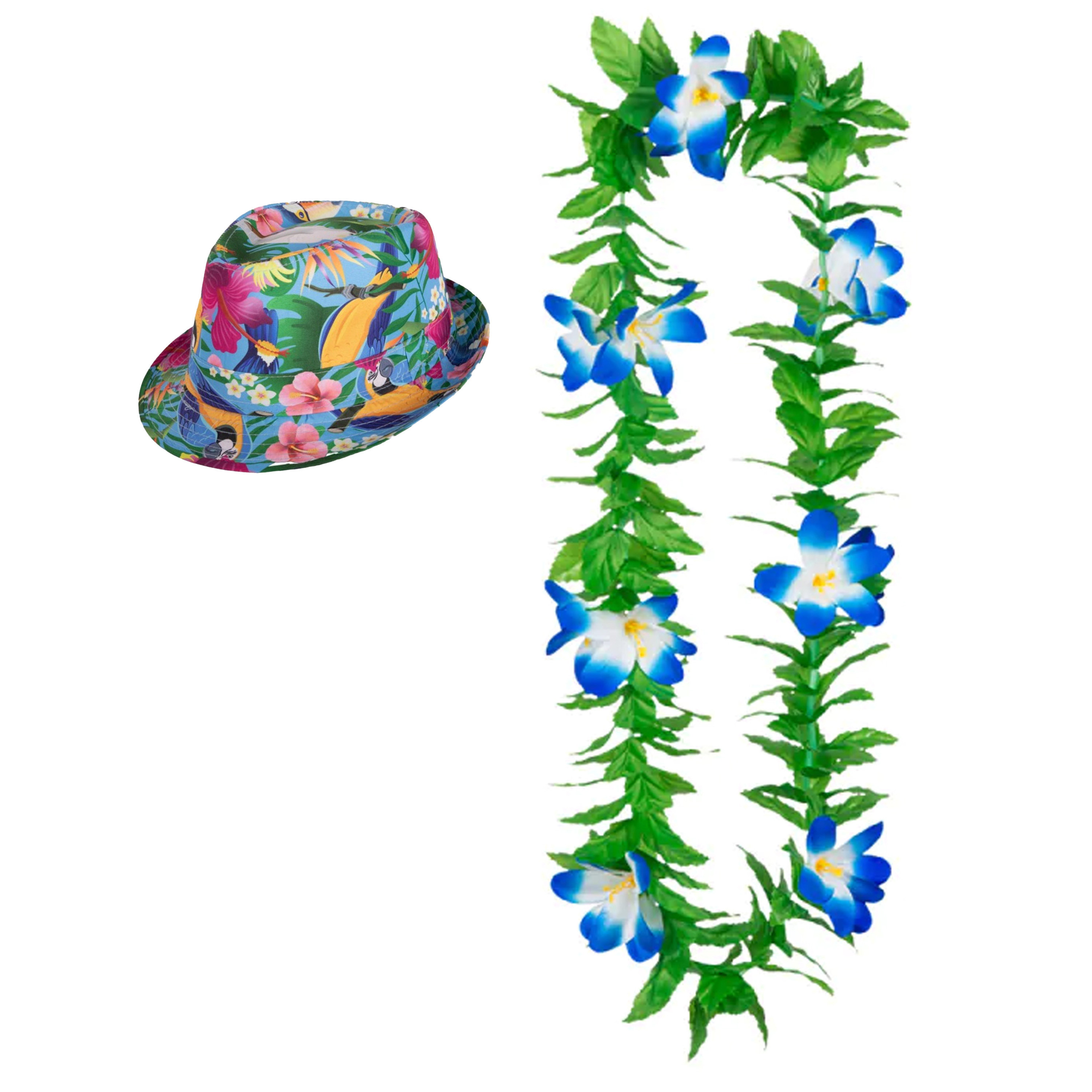Hawaii thema party verkleedset - Hoedje Tropical print - bloemenkrans groen/blauw - Tropical toppers
