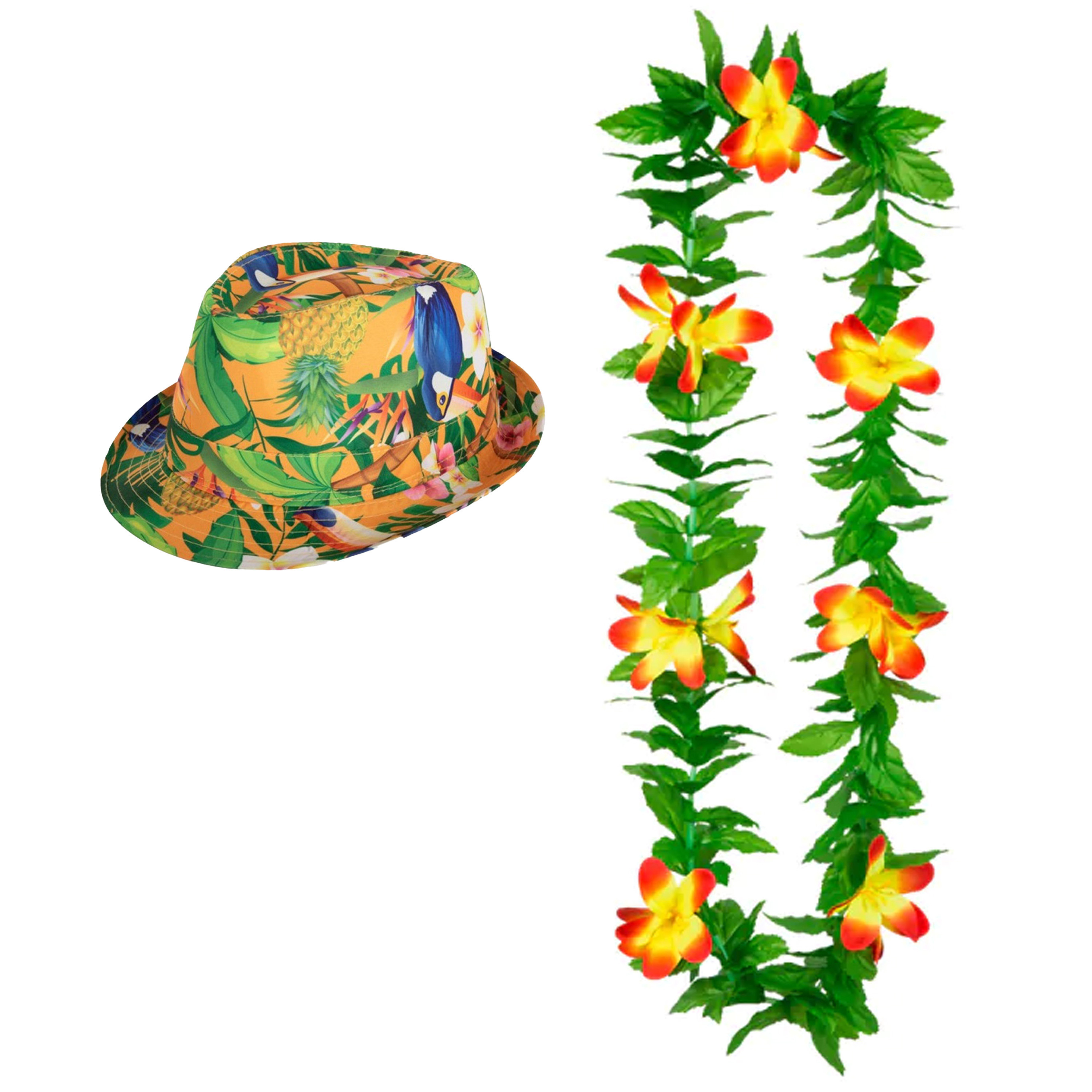 Hawaii thema party verkleedset - Hoedje Tropical print - bloemenkrans groen/geel - Tropical toppers