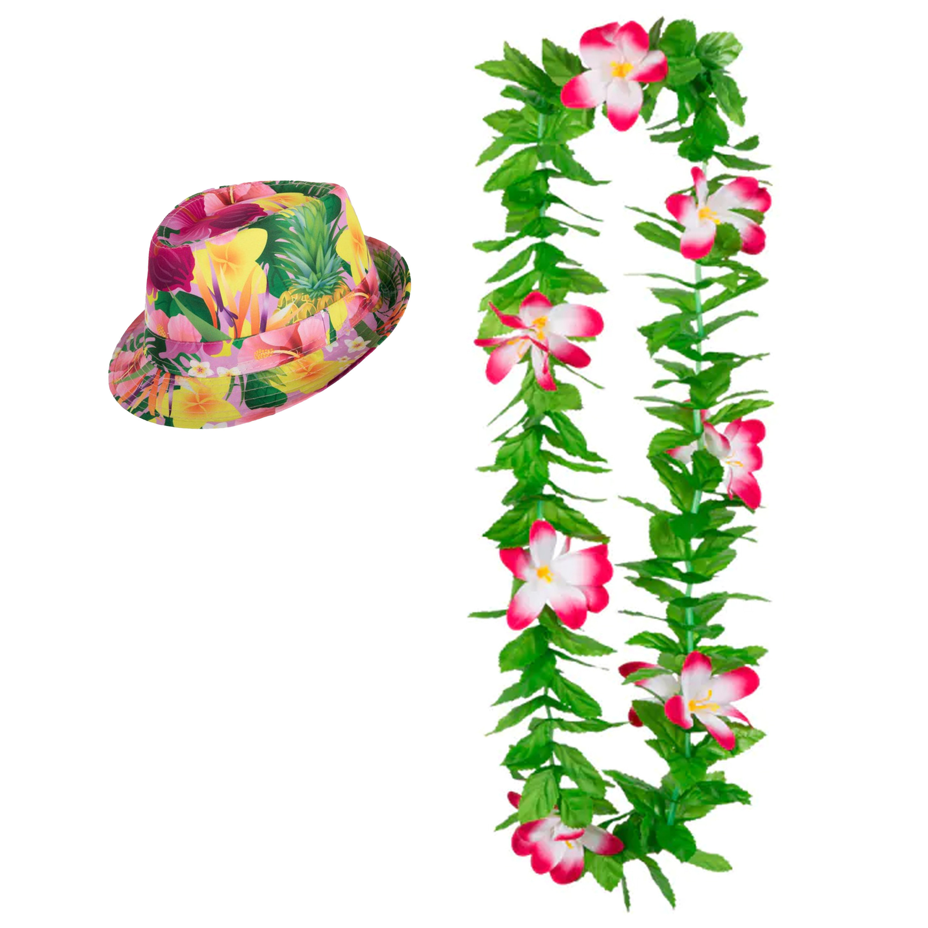 Hawaii thema party verkleedset - Hoedje Tropical print - bloemenkrans groen/roze- Tropical toppers