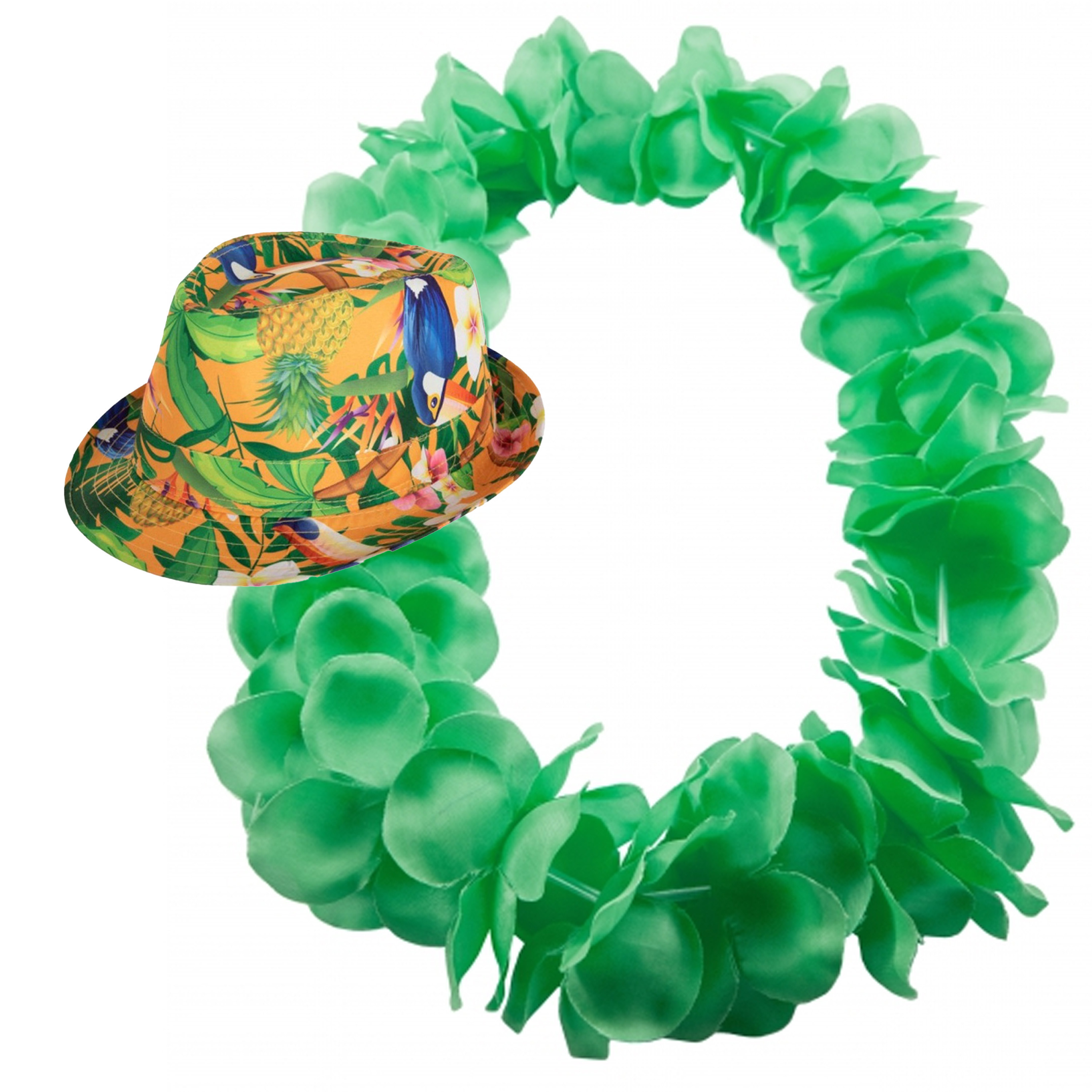 Hawaii thema party verkleedset - Hoedje Tropical print - bloemenkrans neon groen- Tropical toppers