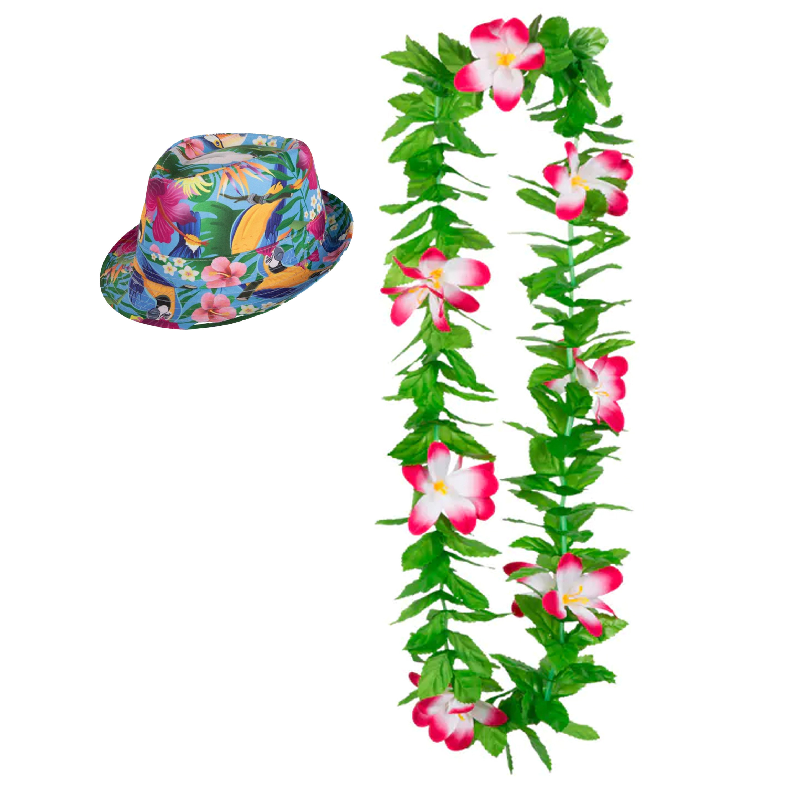 Hawaii thema party verkleedset - Hoedje Tropical print - bloemenkrans roze mix - Tropical toppers