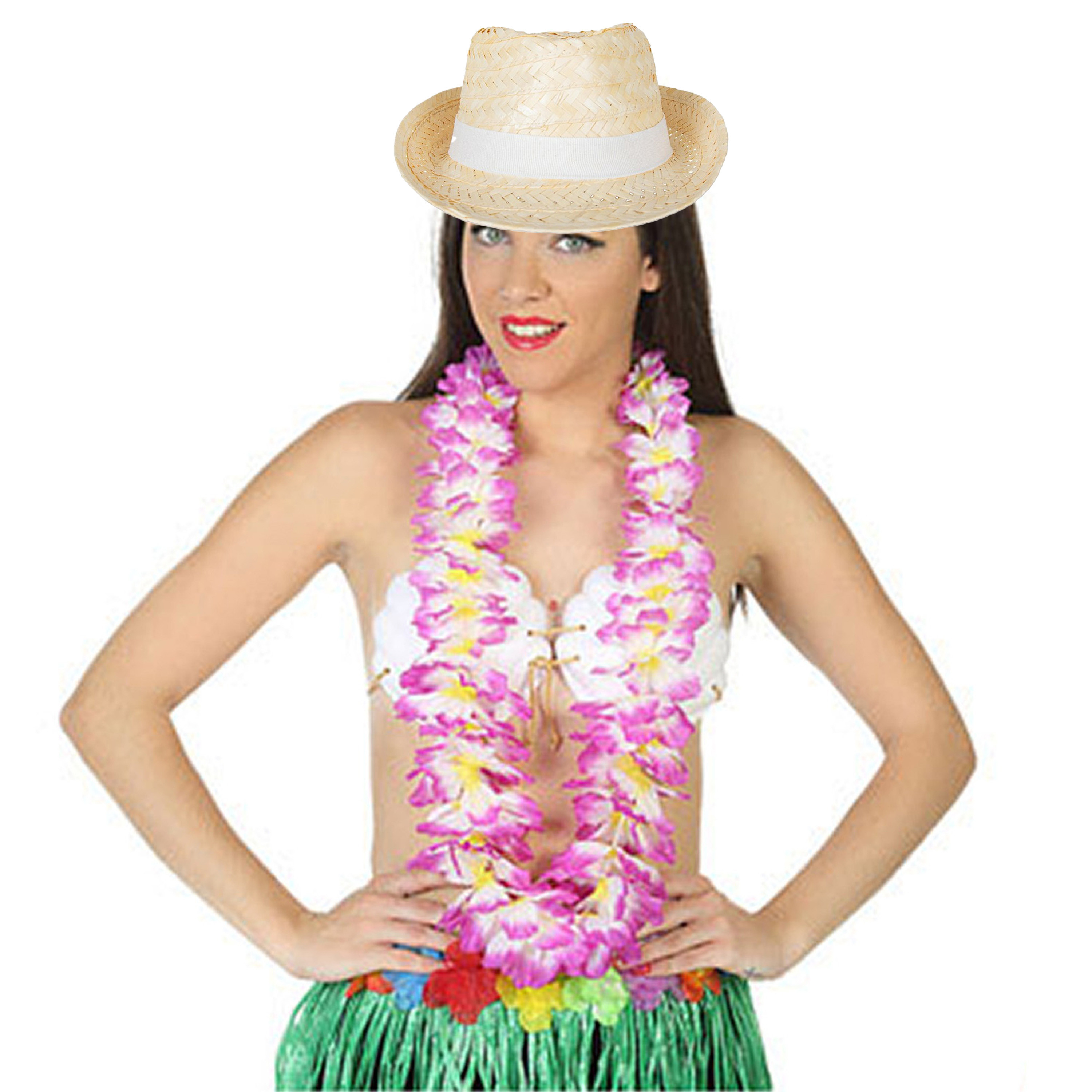 Hawaii thema party verkleedset - Strand strohoedje - bloemenkrans paars/wit - Tropical toppers