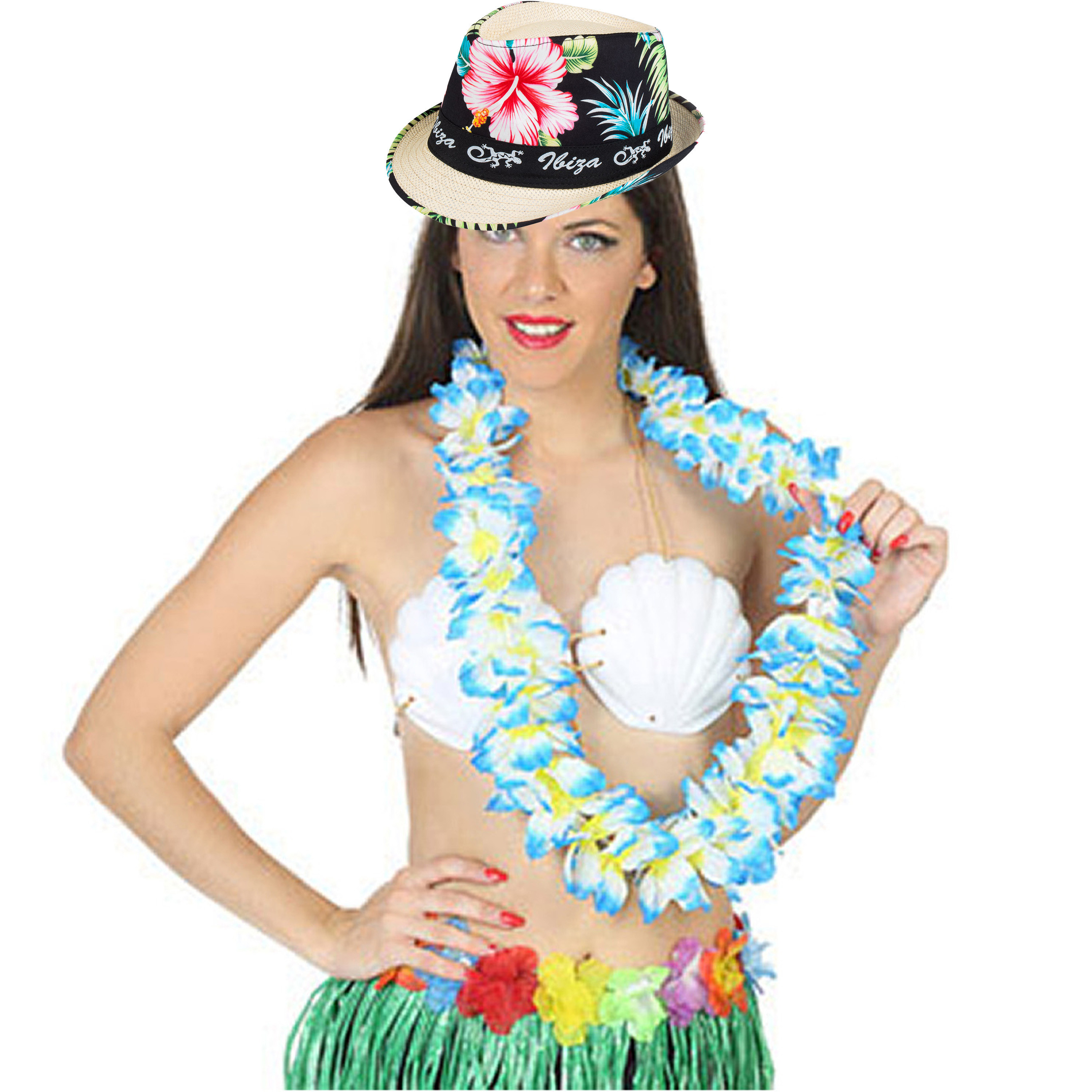 Hawaii thema party verkleedset - Trilby strohoedje - bloemenkrans blauw/wit - Tropical toppers
