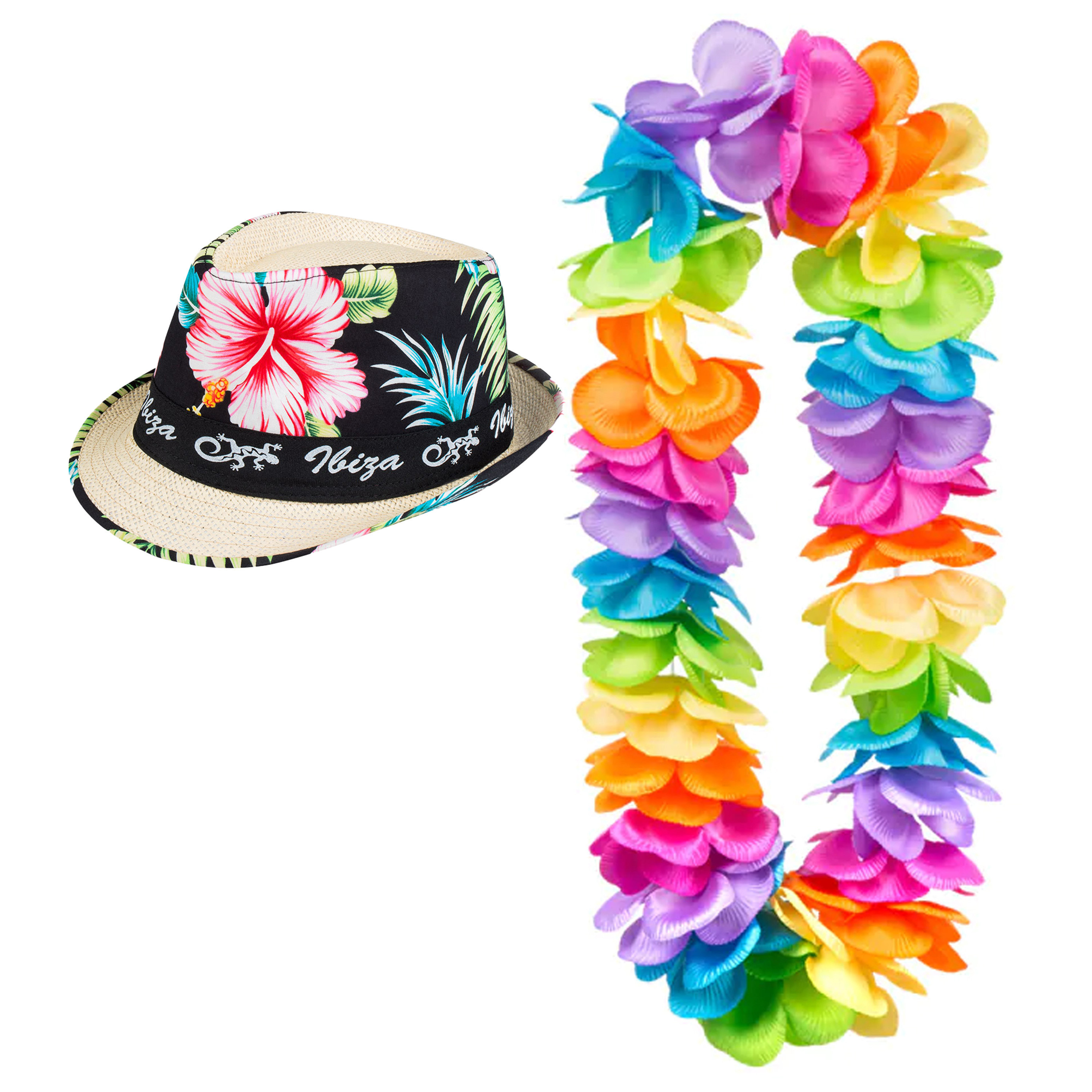 Hawaii thema party verkleedset - Trilby strohoedje - bloemenkrans kleurenmix - Tropical toppers