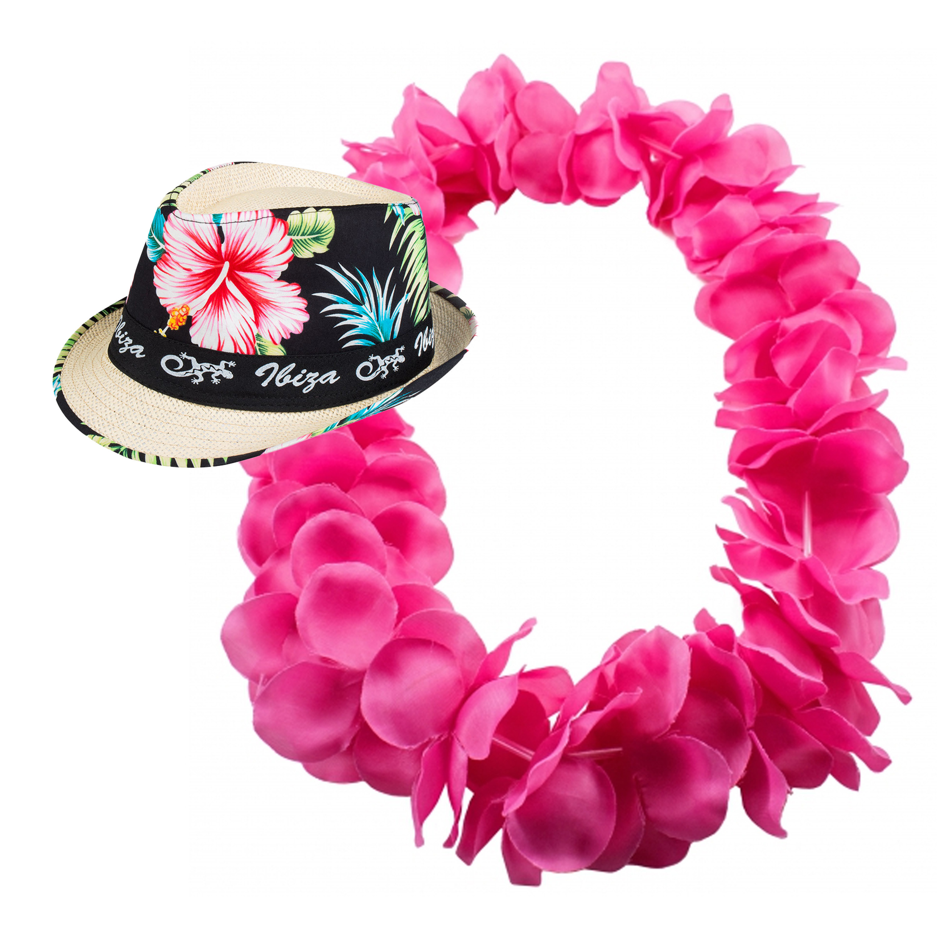 Hawaii thema party verkleedset - Trilby strohoedje - bloemenkrans knalroze - Tropical toppers