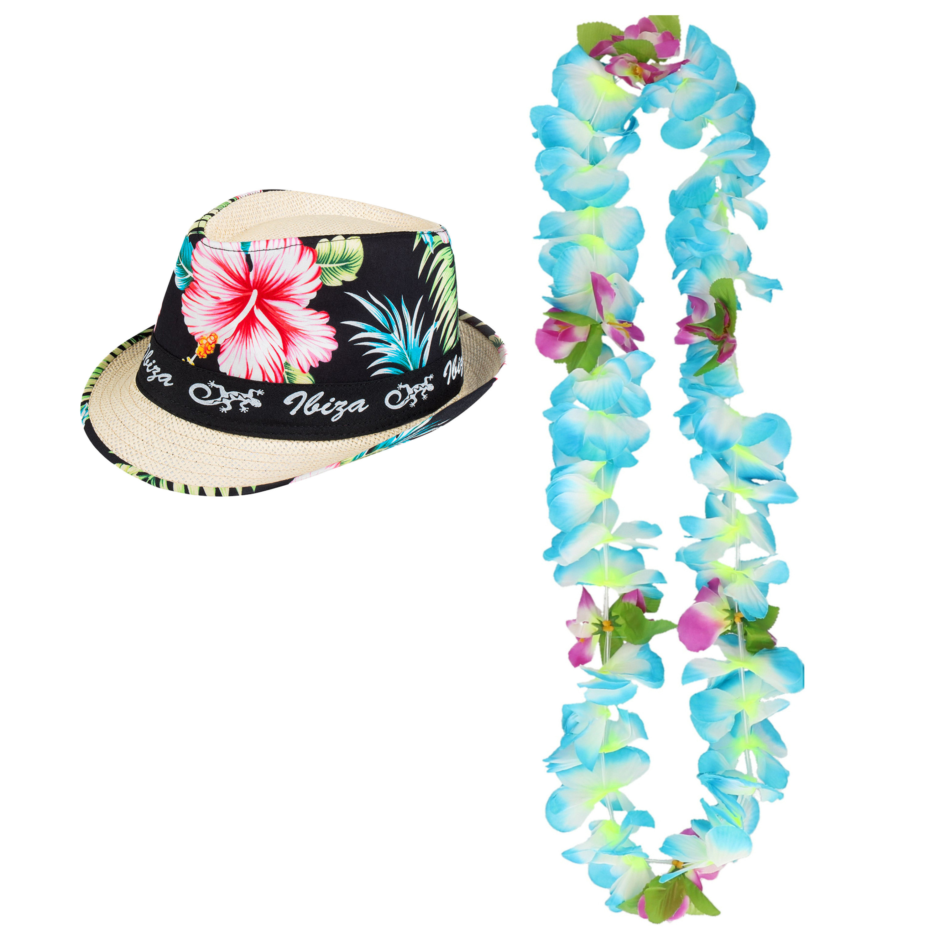 Hawaii thema party verkleedset - Trilby strohoedje - bloemenkrans lichtblauw/wit - Tropical toppers