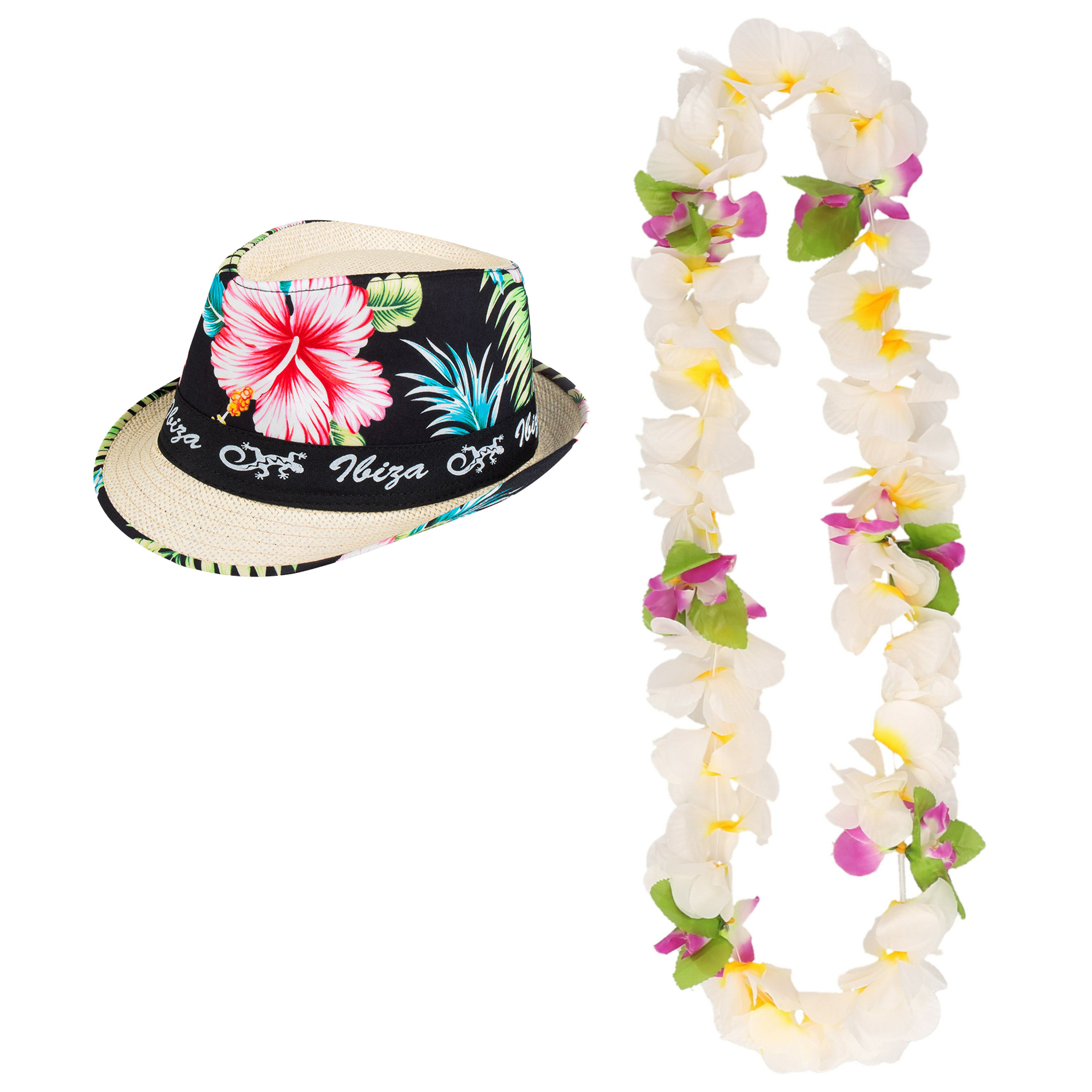 Hawaii thema party verkleedset - Trilby strohoedje - bloemenkrans wit/geel - Tropical toppers