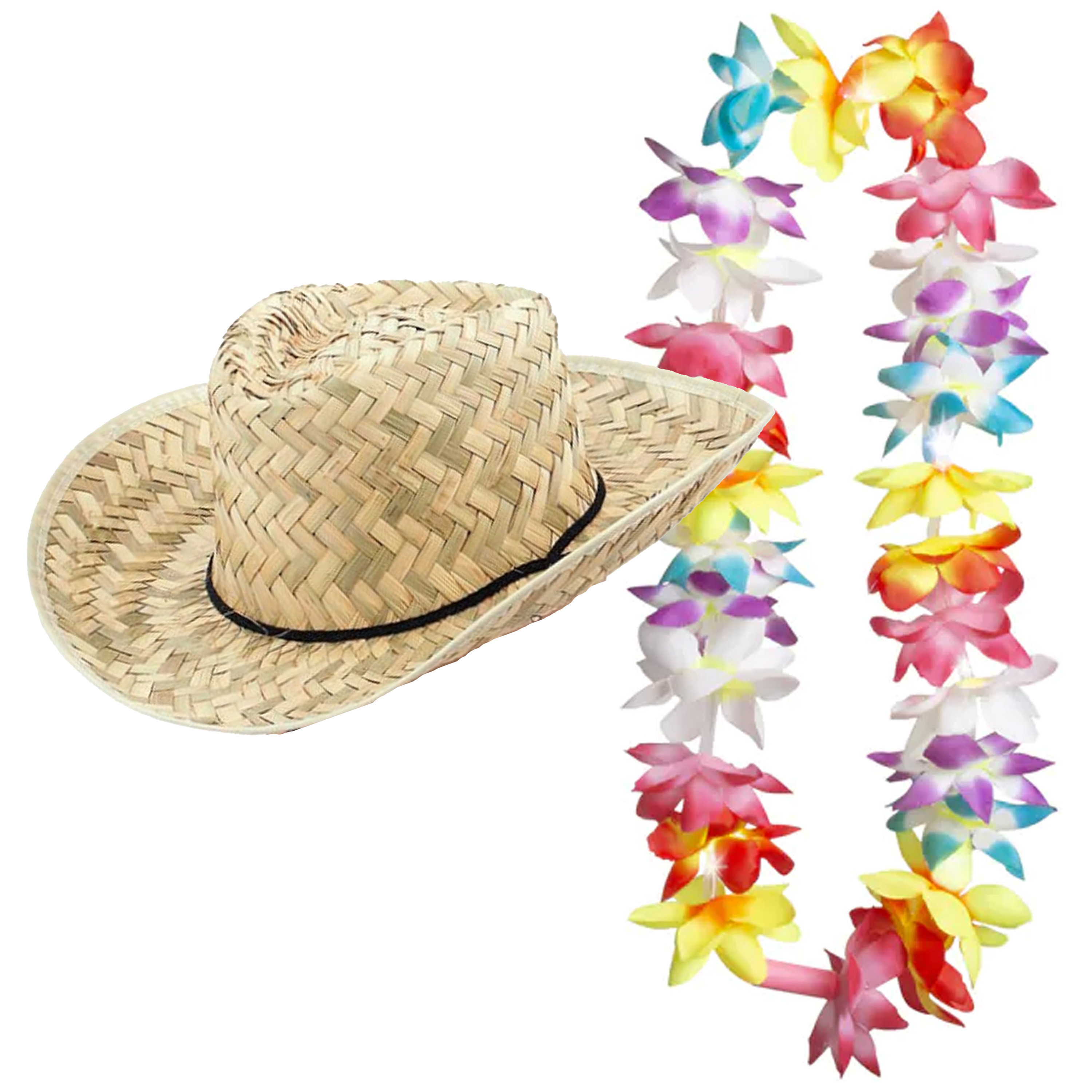 Toppers - Carnaval verkleed set - Tropische Hawaii party - strohoed - met LED gekleurde bloemenslinger