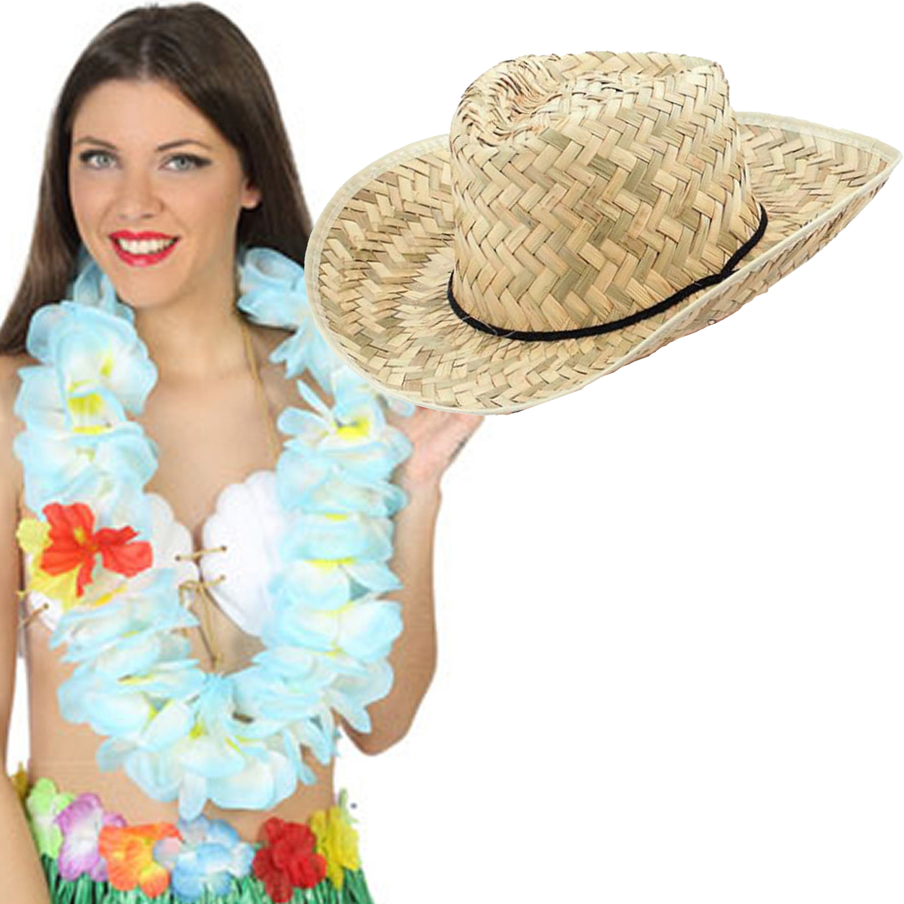 Toppers - Carnaval verkleed set - Tropische Hawaii party - strohoed - met volle bloemenslinger in lichtblauw