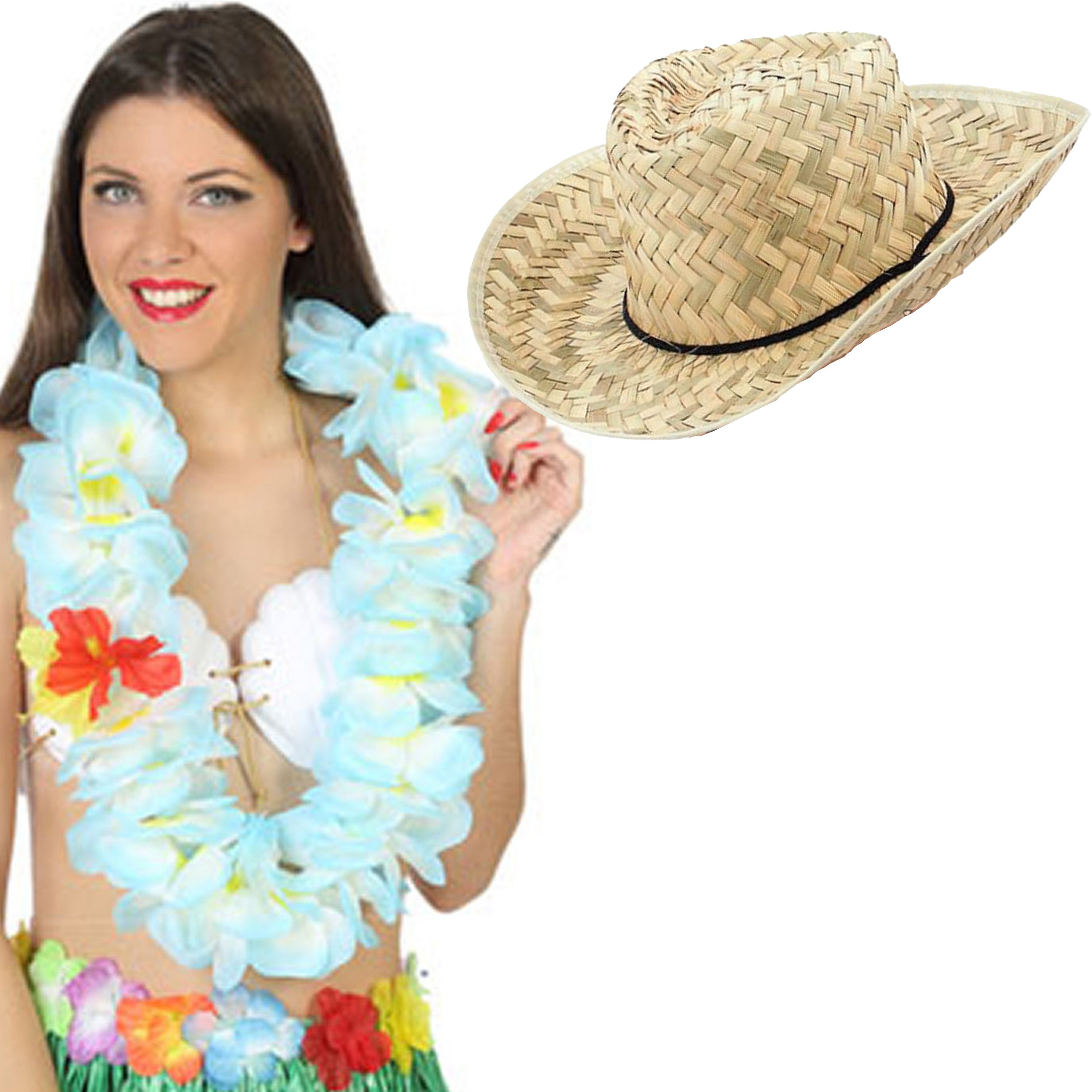 Toppers - Carnaval verkleed set - Tropische Hawaii party - strohoed - met volle bloemenslinger in paars