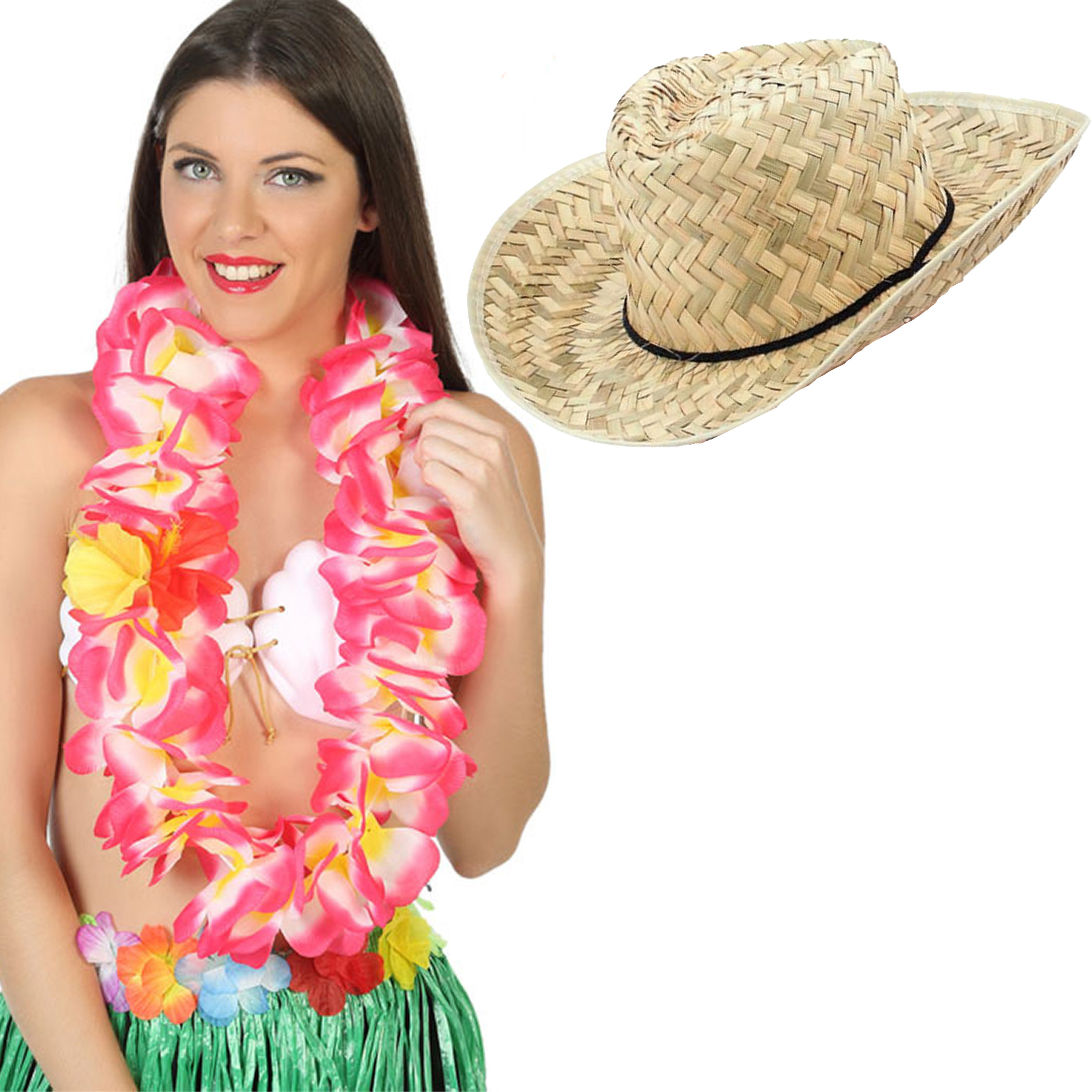 Toppers - Carnaval verkleed set - Tropische Hawaii party - strohoed - met volle bloemenslinger in roze