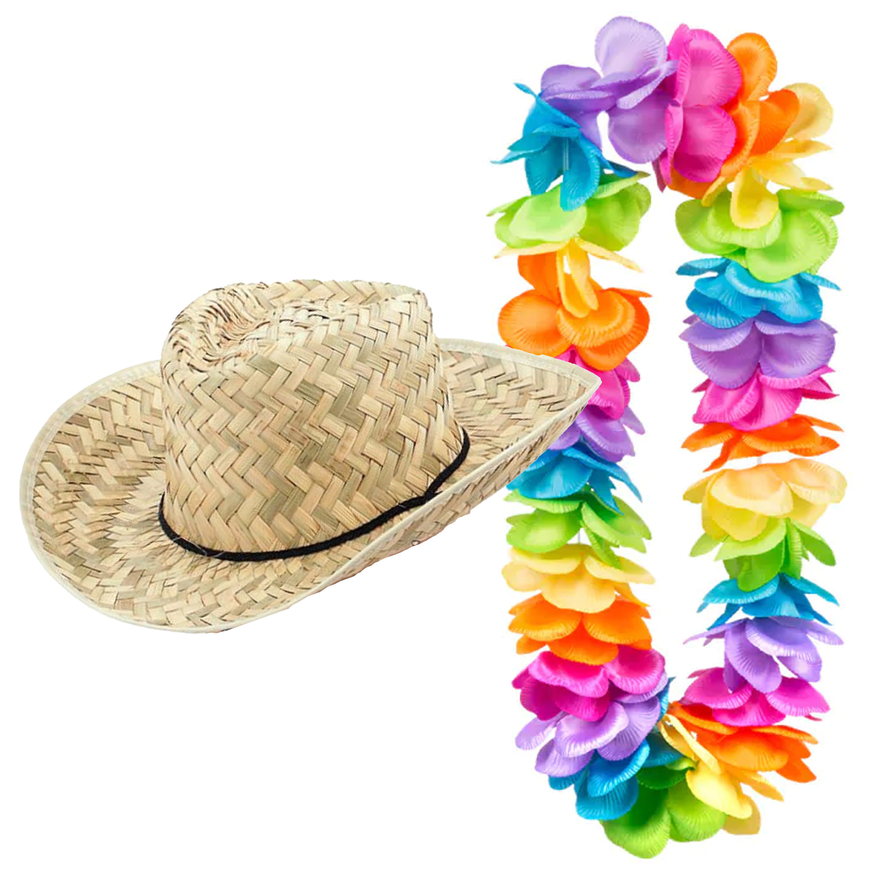 Toppers - Carnaval verkleed set - Tropische Hawaii party - strohoed - met volle gekleurde bloemenslinger
