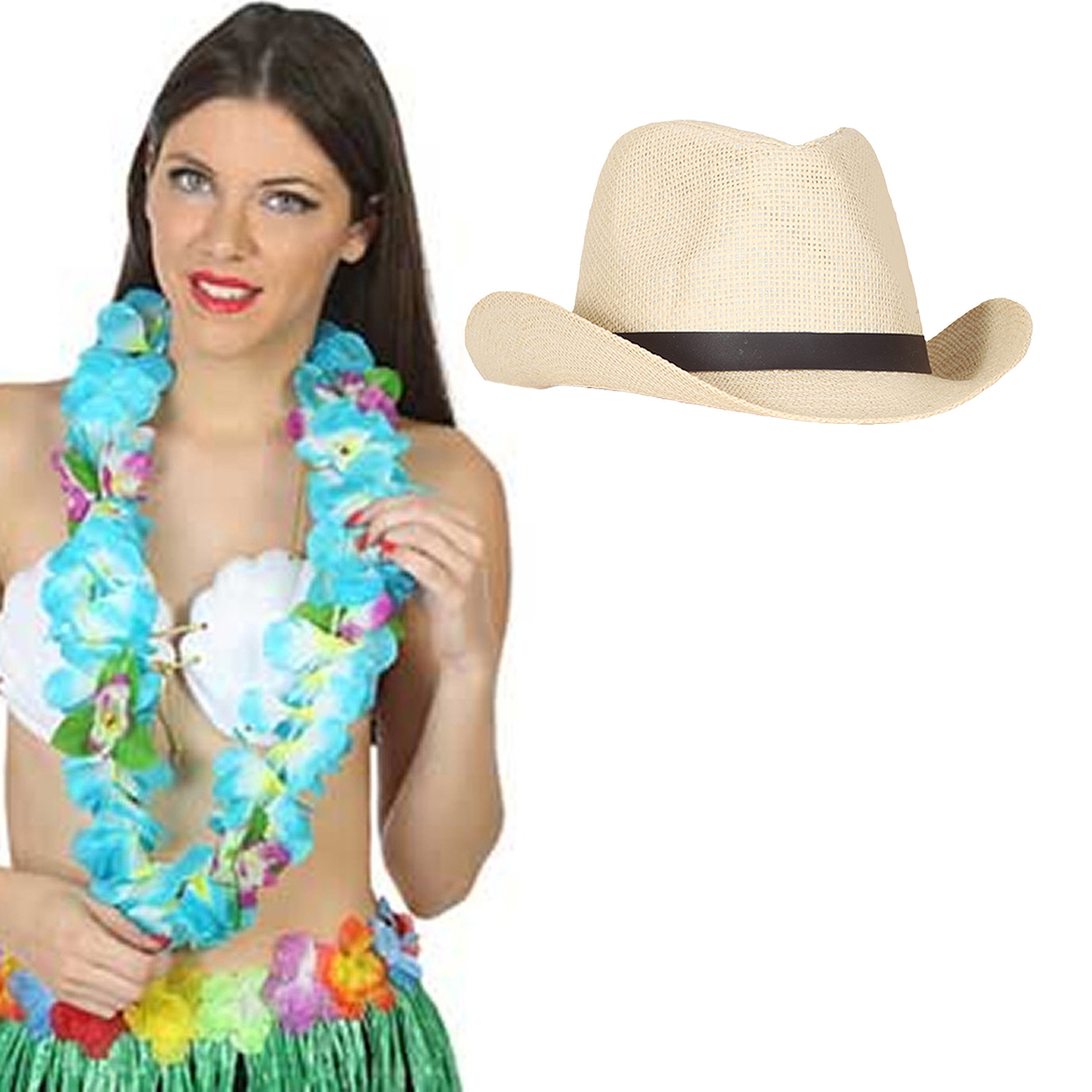 Toppers - Carnaval verkleedset - Tropical Hawaii party - stro cowboy hoed - en volle bloemenslinger blauw