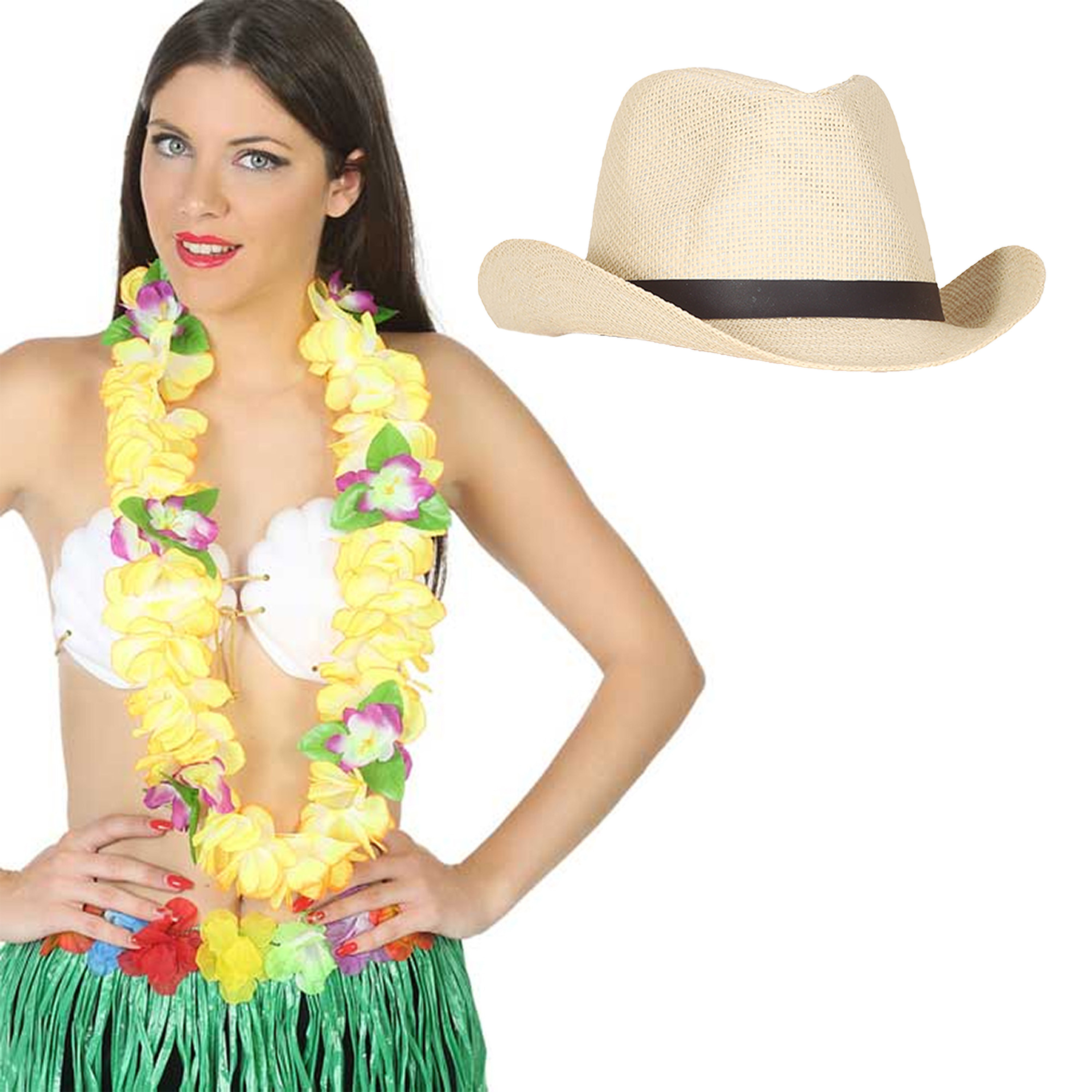 Toppers - Carnaval verkleedset - Tropical Hawaii party - stro cowboy hoed - en volle bloemenslinger geel