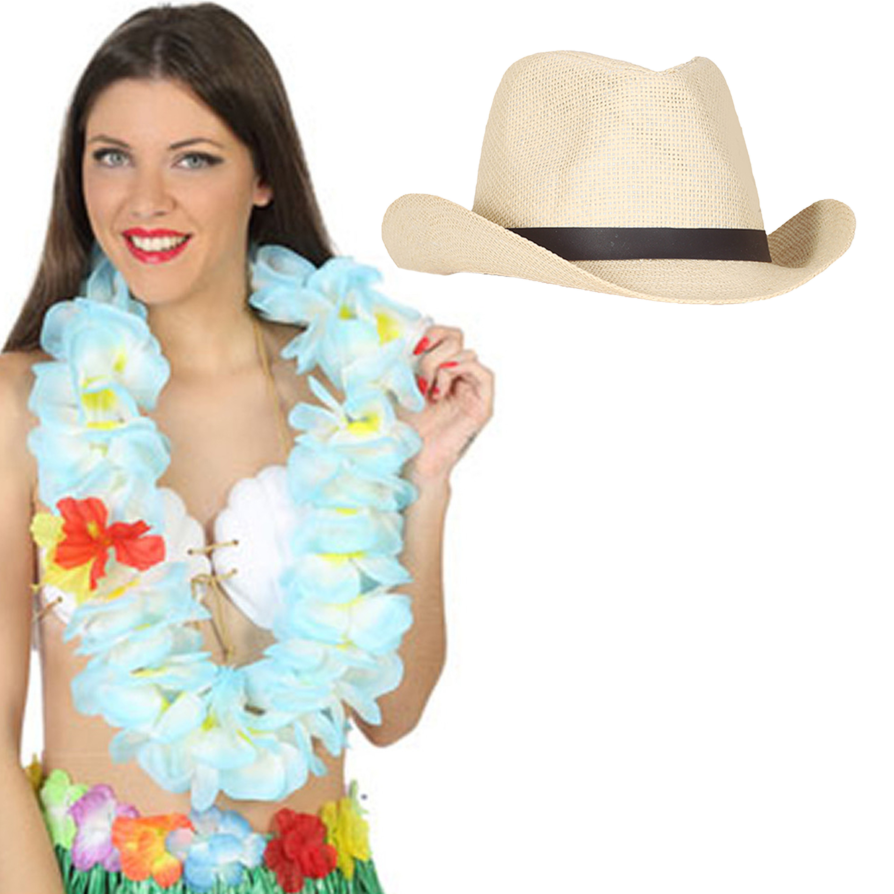 Toppers - Carnaval verkleedset - Tropical Hawaii party - stro cowboy hoed - en volle bloemenslinger lichtblauw