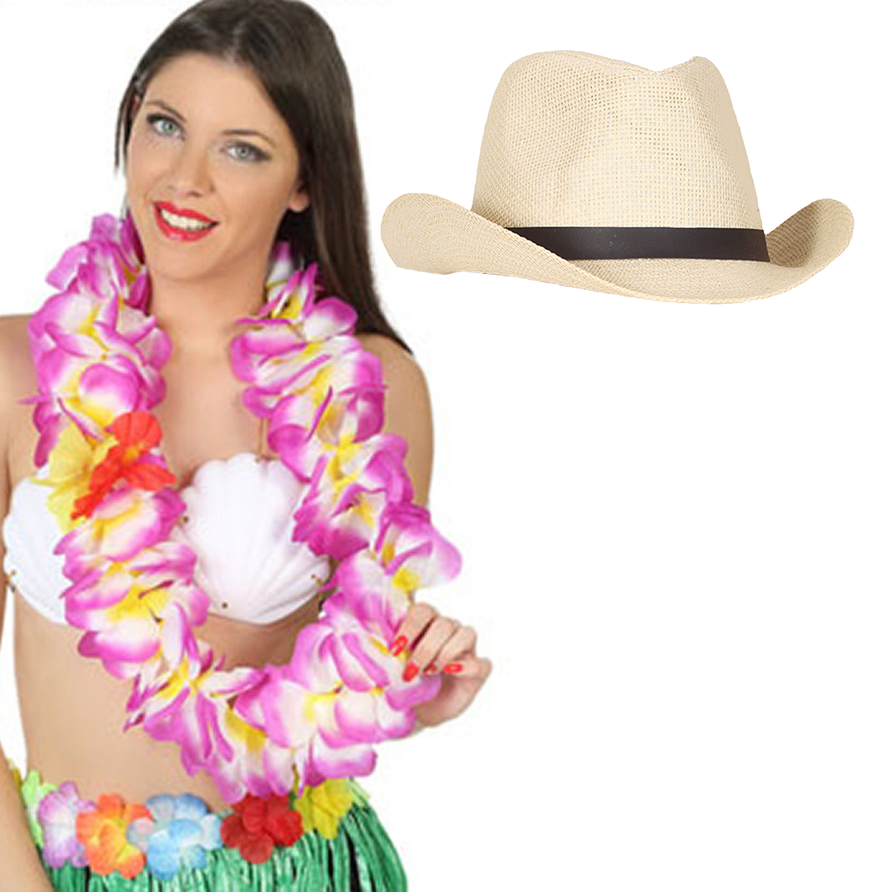 Toppers - Carnaval verkleedset - Tropical Hawaii party - stro cowboy hoed - en volle bloemenslinger paars