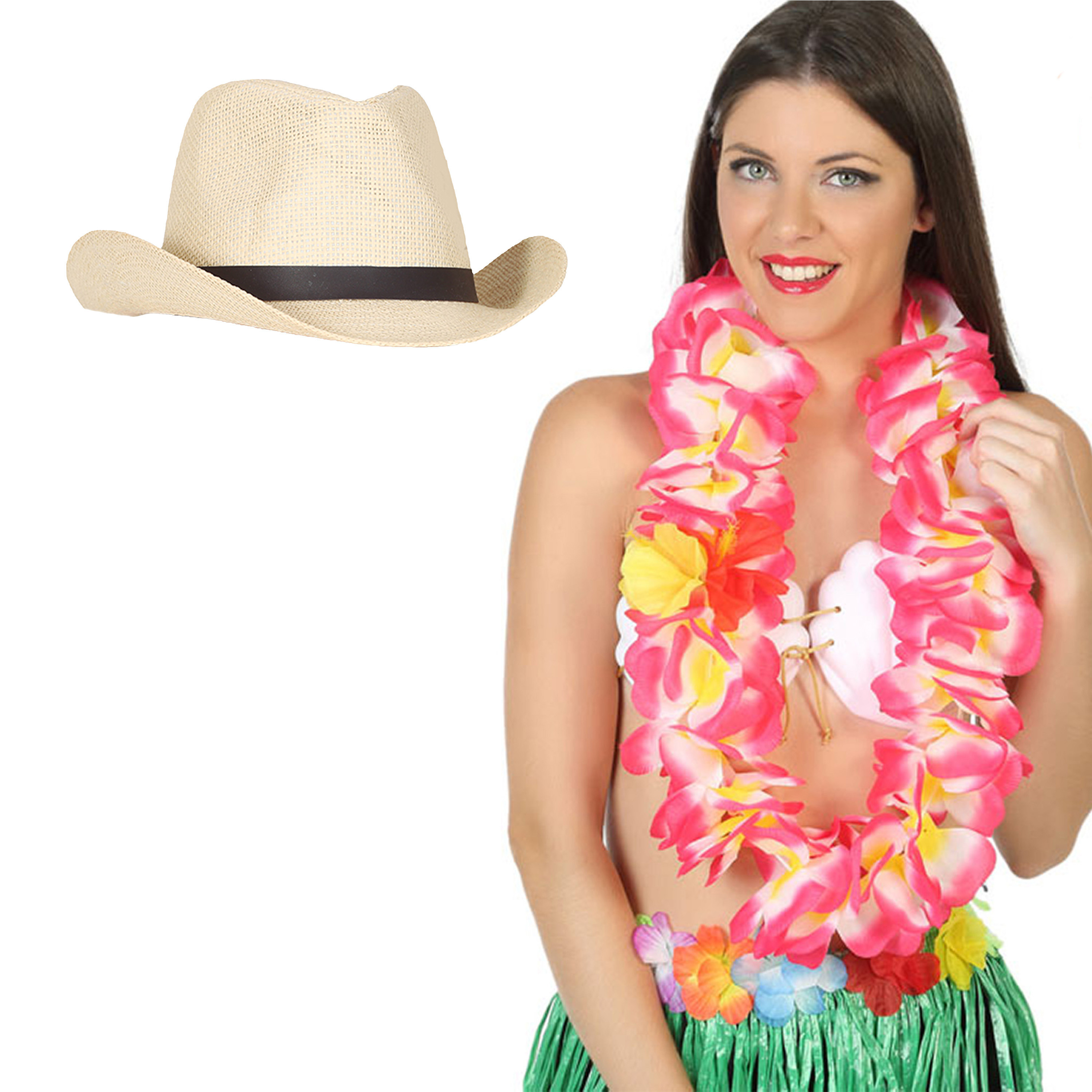 Toppers - Carnaval verkleedset - Tropical Hawaii party - stro cowboy hoed - en volle bloemenslinger roze