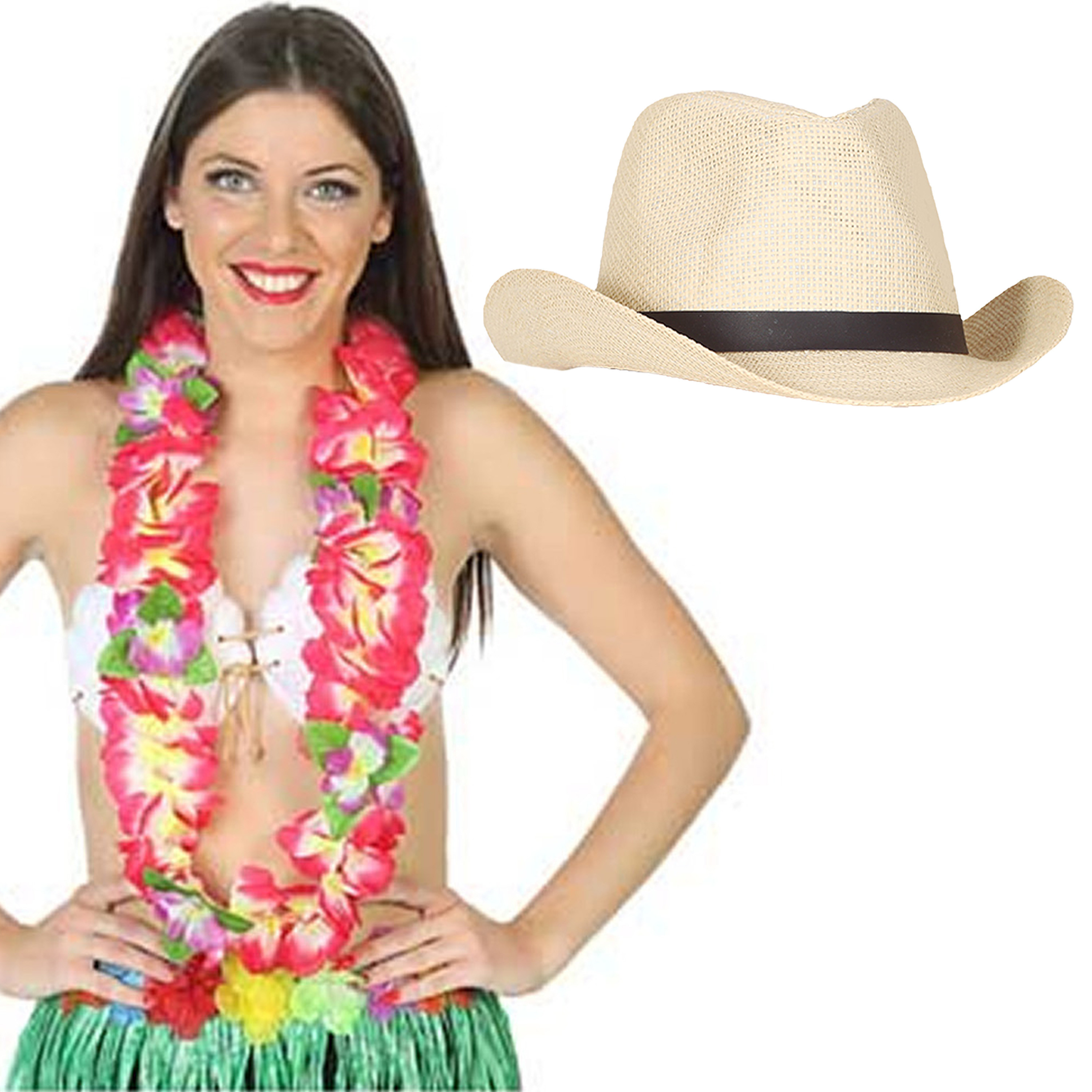 Toppers - Carnaval verkleedset - Tropical Hawaii party - stro cowboy hoed - en volle bloemenslinger roze