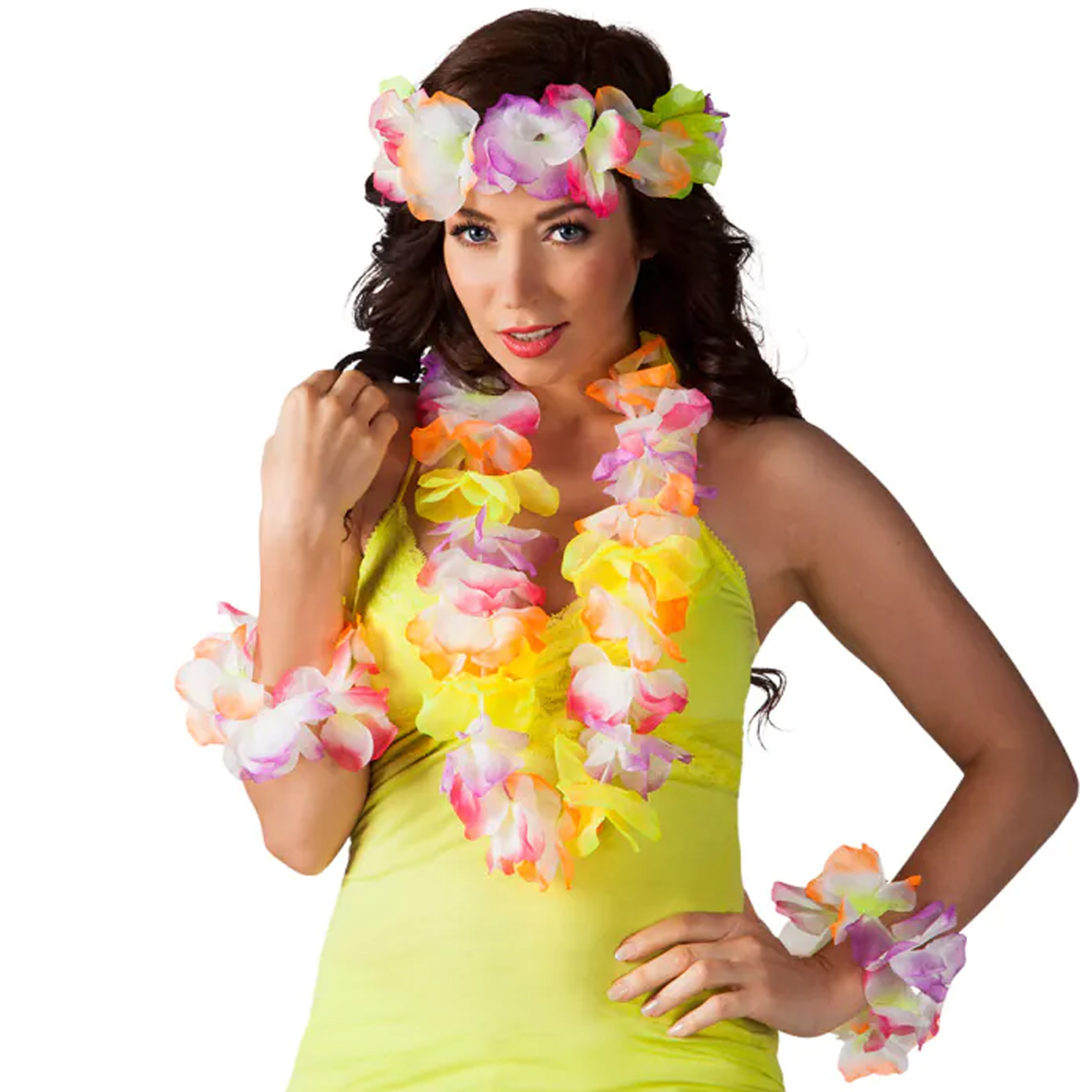 Toppers - Hawaii krans/slinger set - Tropische/zomerse kleuren mix geel - Hoofd en hals slingers